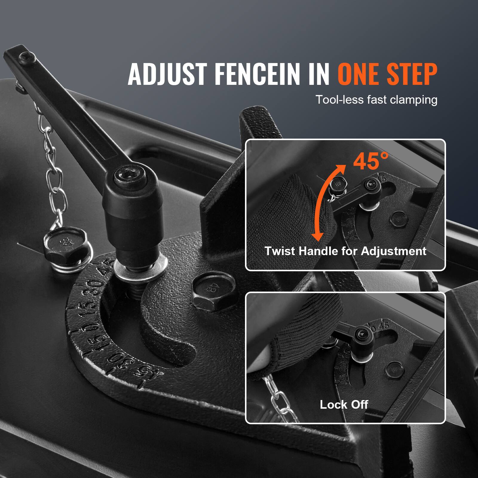 ADJUST FENCE IN ONE STEP  
Tool-less fast clamping

45°  
Twist Handle for Adjustment

Lock Off
