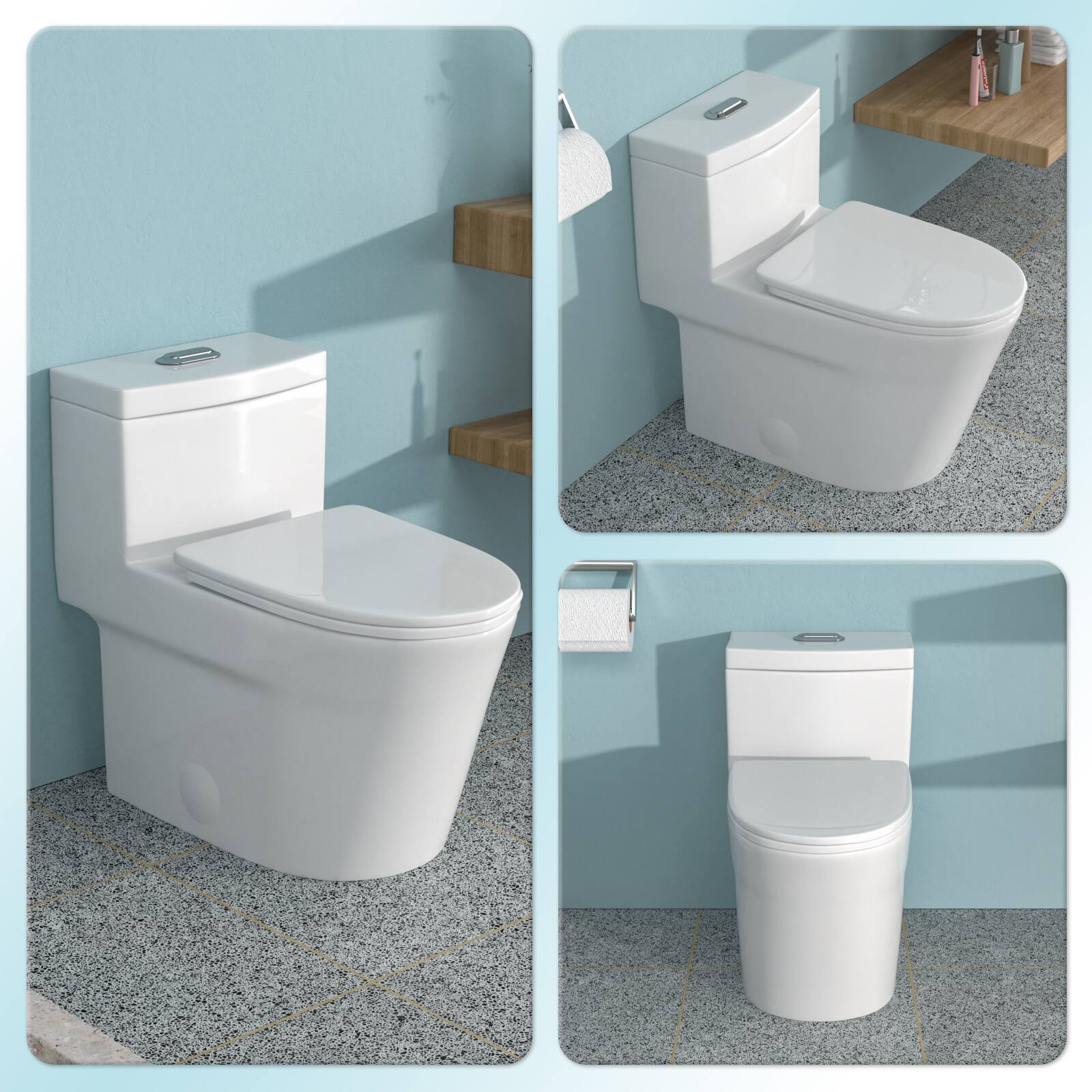 Angle. TinyHomie - Ceramic One Piece Toilet for Bathroom 12 inch Rough In 124143 GPF Dual Flush with Soft Closing Seat Powerful Dual - White.