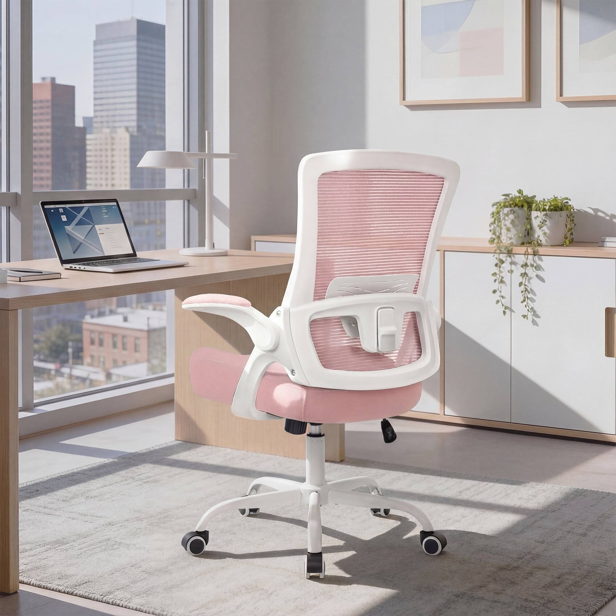 Alt View 4. Neo Chair - Ergonomic Office Chair, High-Back Mesh Computer Chair with Adjustable Height, Flip-Up Armrests & Lumbar Support - Steel Base-Pink.
