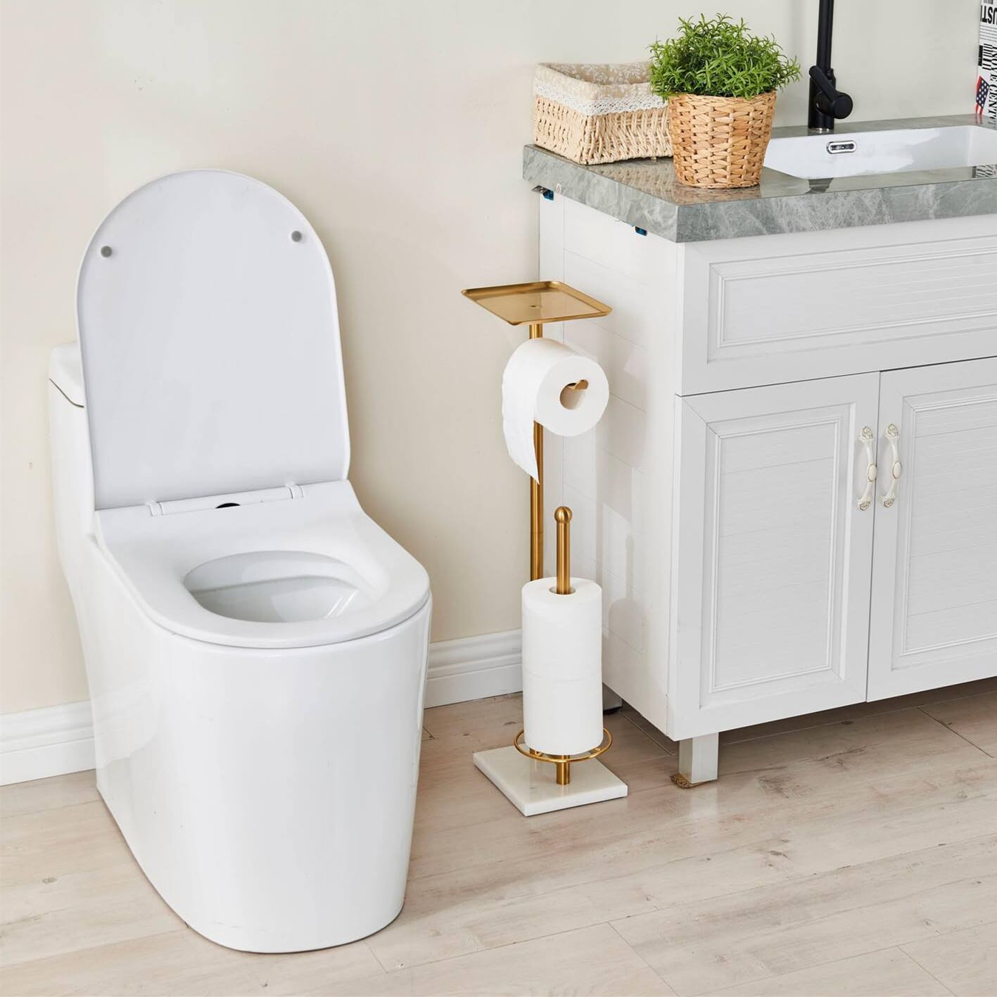 Alt View 1. Dazzed Corner - Toilet Paper Holder with Tray at The Top, Sturdy Marble Base - Gold.