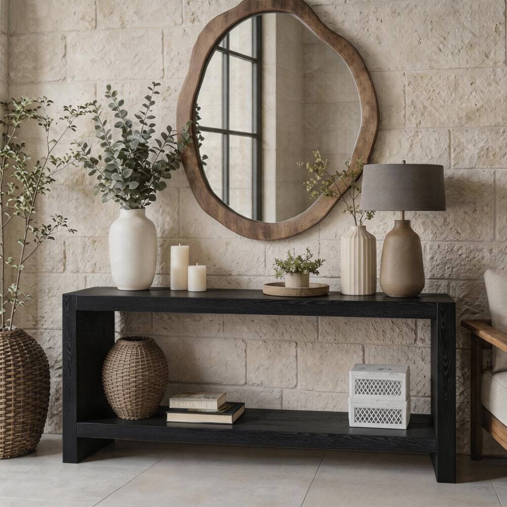 Alt View 1. Loheer - Loheer 63 inch farmhouse console table, 2 tier rustic entryway table with wood veneer, black - Black.