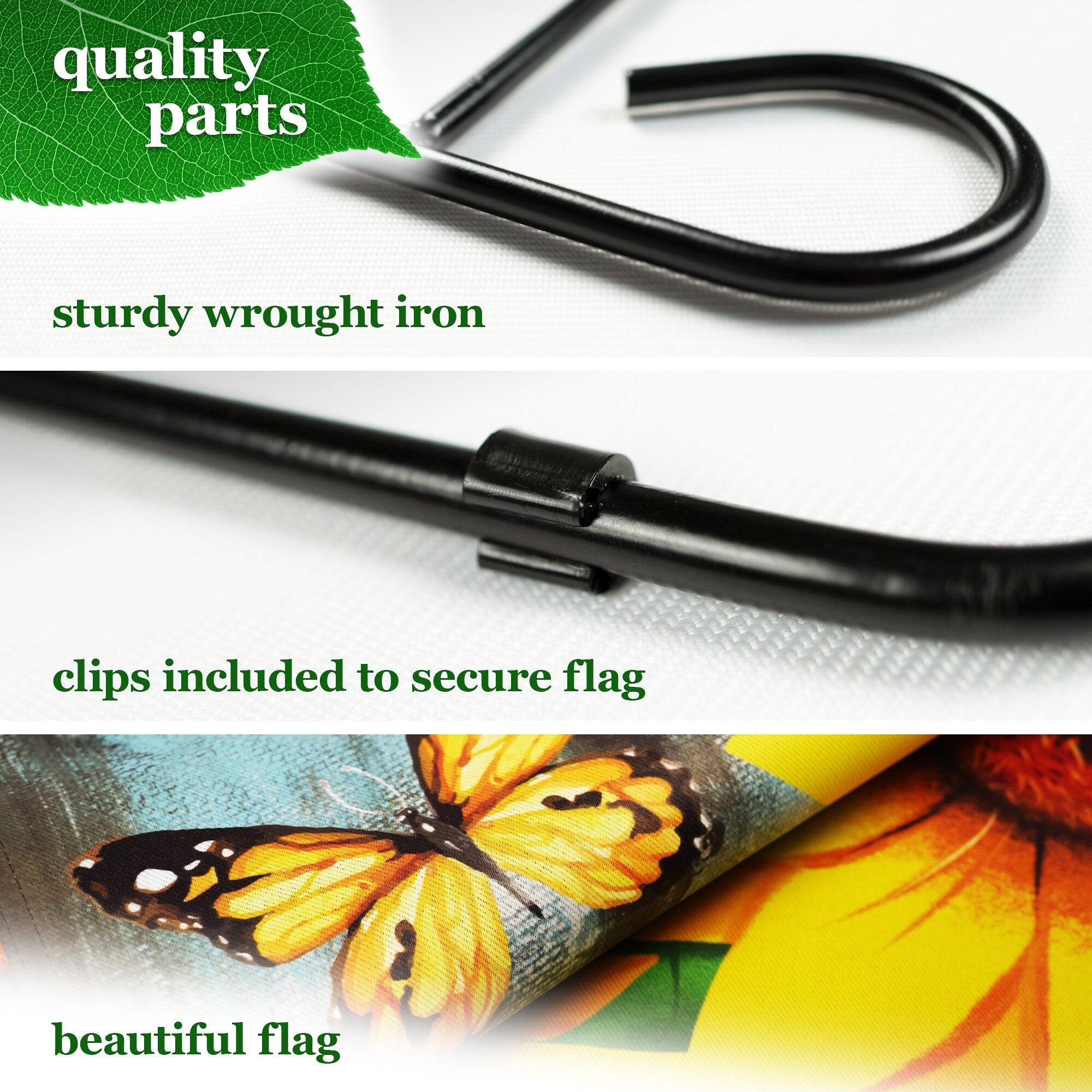 - quality parts
- sturdy wrought iron
- clips included to secure flag
- beautiful flag