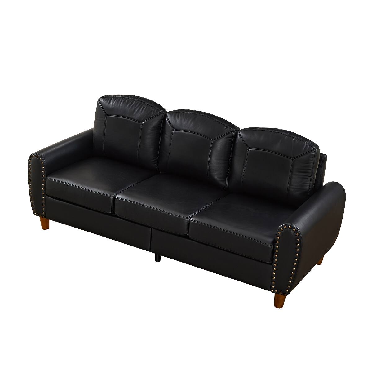 Alt View 7. Ropilly - Ropilly Black Faux Leather Sofa with Rolled Arms, Three Seat Living Room Couch with Solid Wood Legs - Black.