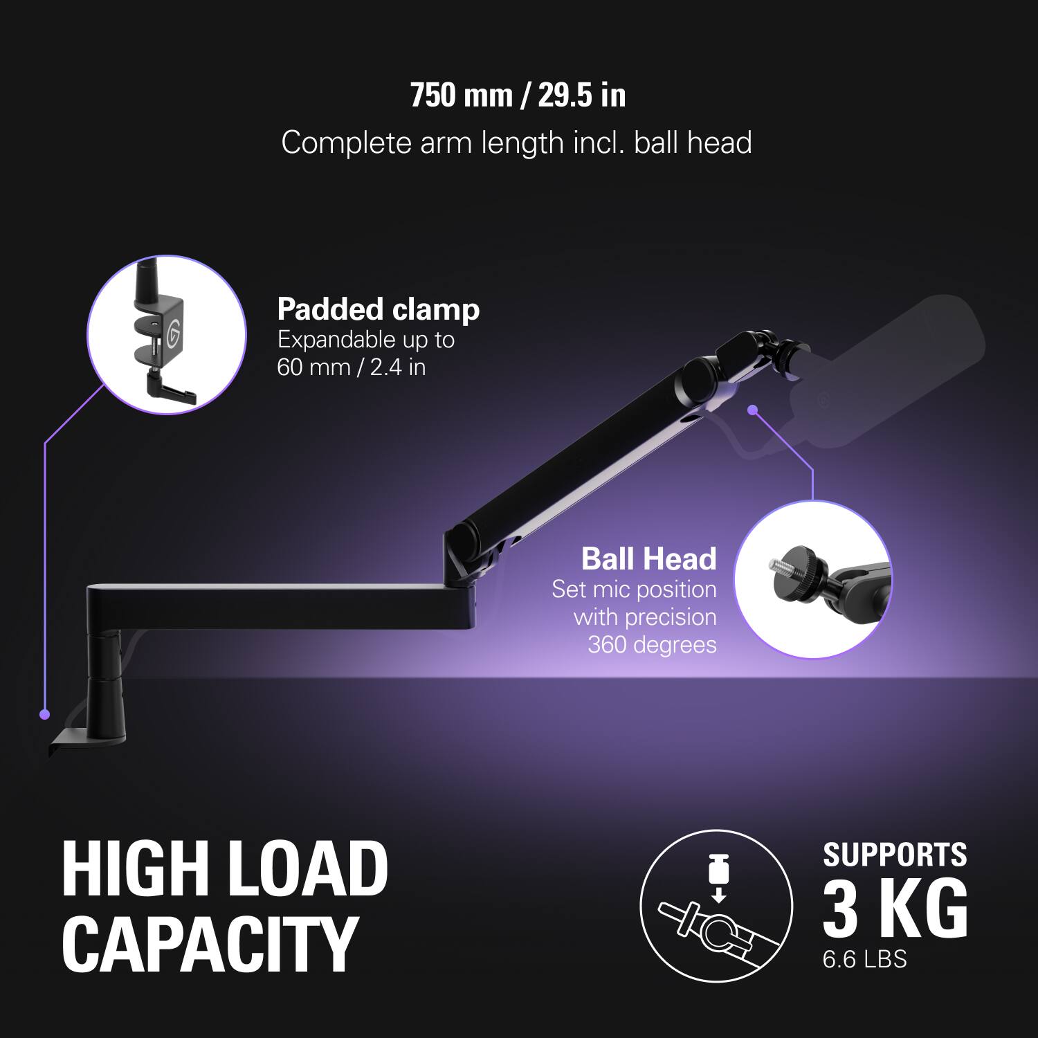 The text on the image is grouped and corrected as follows:

750 mm / 29.5 in Complete arm length incl. ball head
Padded clamp Expandable up to 60 mm / 2.4 in Ball Head
Set mic position with precision 360 degrees
HIGH LOAD CAPACITY SUPPORTS 3 KG / 6.6 LBS