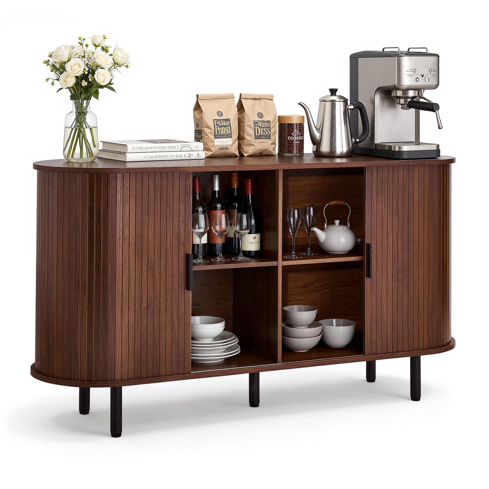 VEVOR - Coffee Bar Cabinet, Mid Century Fluted Coffee Bar Table, Buffet Stand Cabinet with 2 Sliding Doors - Walnut + Black