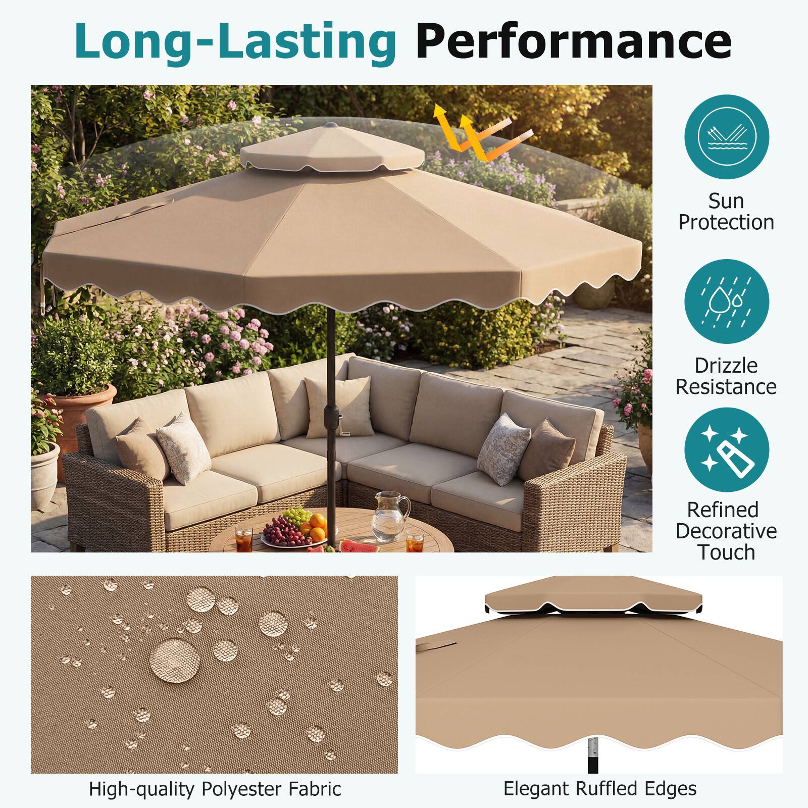 Long-Lasting Performance  
Sun Protection  
Drizzle Resistance  
Refined Decorative Touch  
High-quality Polyester Fabric  
Elegant Ruffled Edges