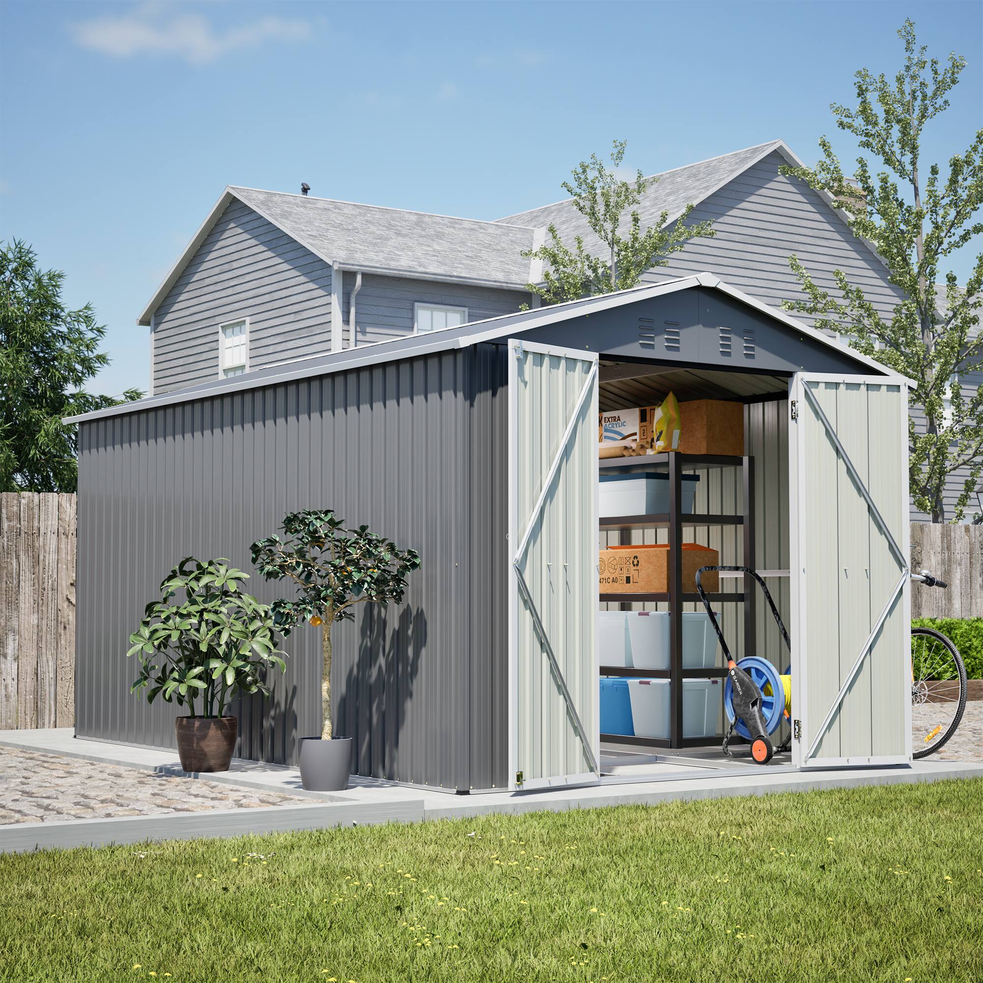 Angle. Lirago - 8x12 FT Outdoor Storage Shed All-Weather Metal Shed with Lockable Doors - Gray.