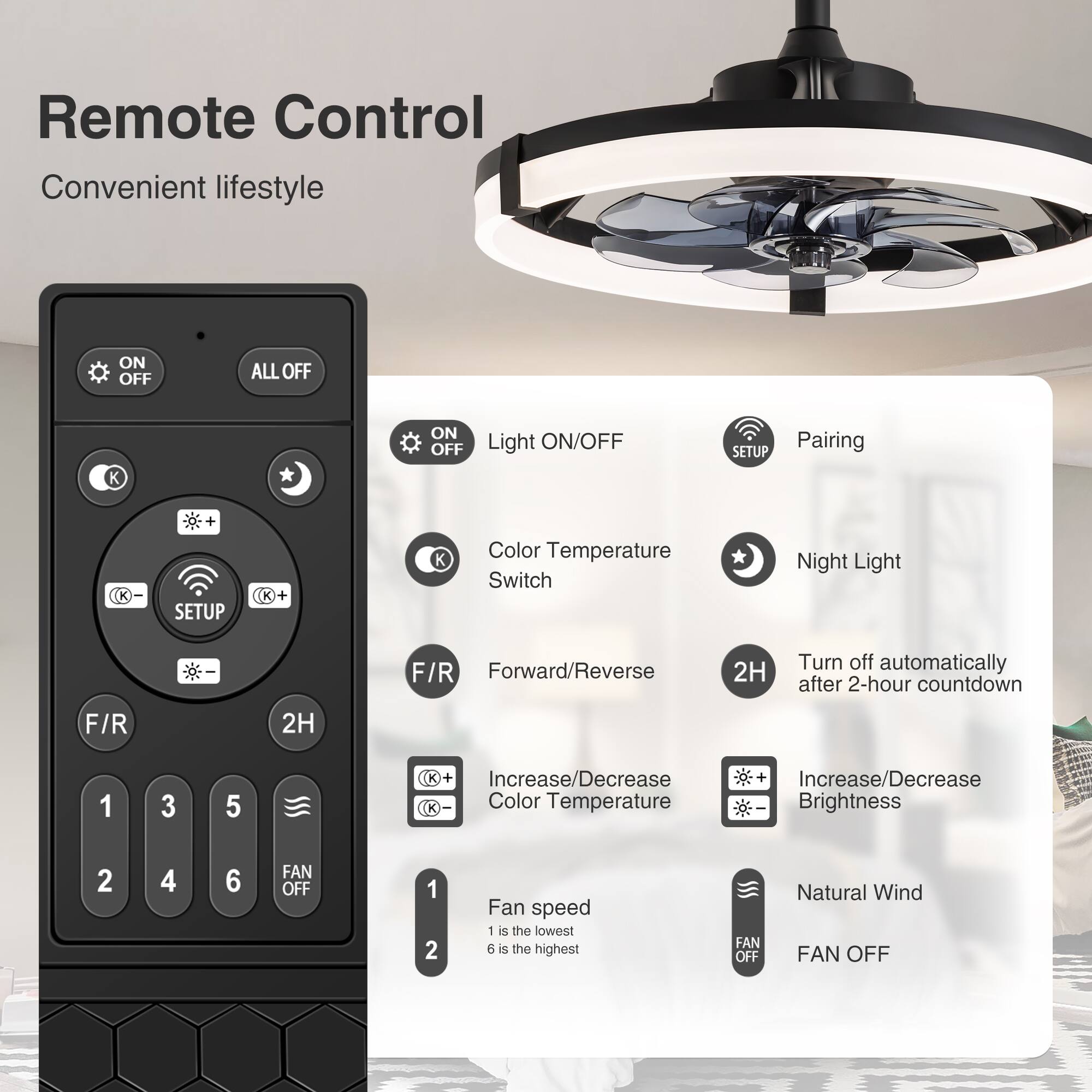 Remote Control  
Convenient lifestyle  

- ON/OFF  
- ALL OFF  
- K  
- Light ON/OFF  
- Color Temperature Switch  
- Night Light  
- F/R (Forward/Reverse)  
- 2H (Turn off automatically after 2-hour countdown)  
- 1 3 5 (Increase/Decrease Color Temperature)  
- 2 4 6 (Increase/Decrease Brightness)  
- FAN OFF  
- 1 2 (Fan speed: 1 is the lowest, 6 is the highest)  
- Natural Wind  
- Pairing  
- SETUP  
- K + K (Increase/Decrease Color Temperature)  
- K + K (Increase/Decrease Brightness)  
- FAN OFF