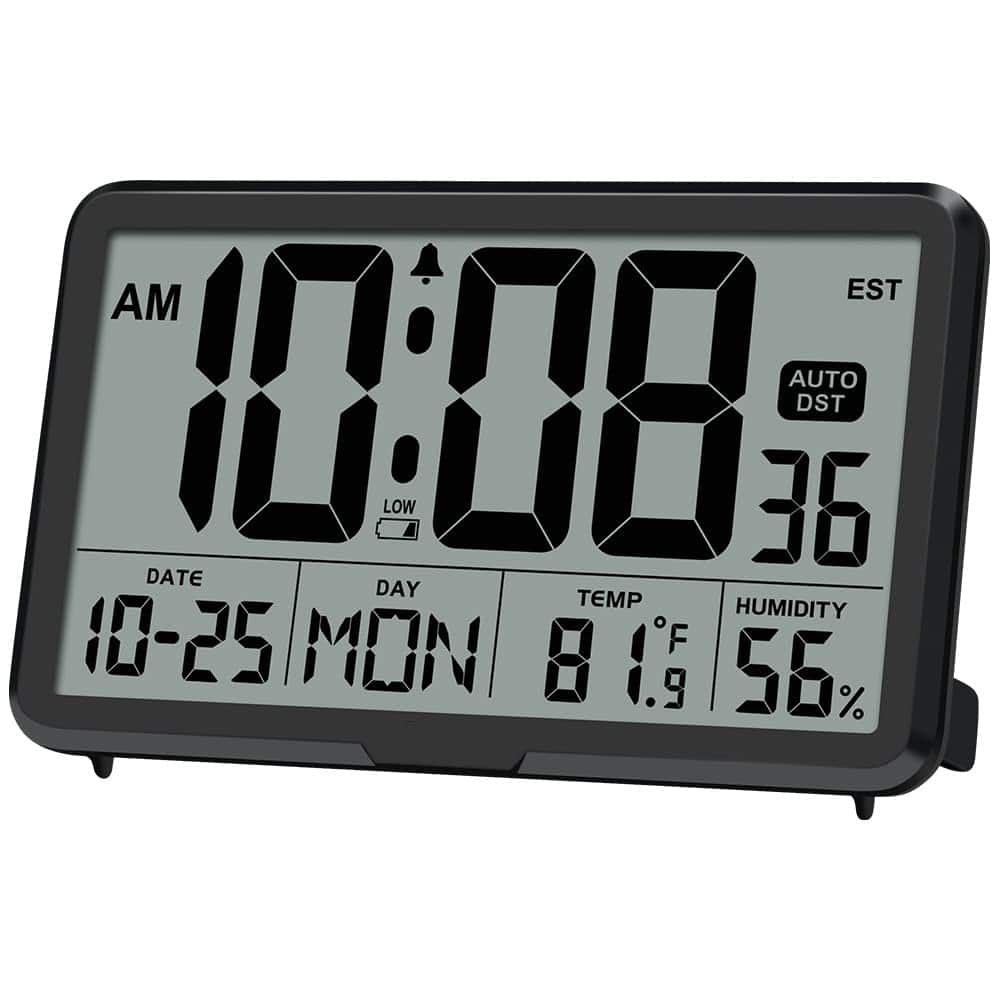 Dazzed Corner - Digital Wall Clock Battery Operated, DeskDisplay Digital Calendar Alarm Clock - Black
