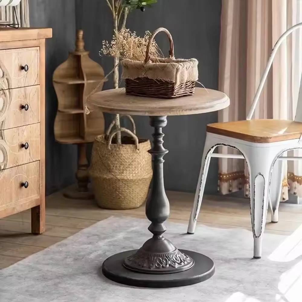 Front. Refined Abode Design - Round Decorative Antique Accent Table - Natural Black.