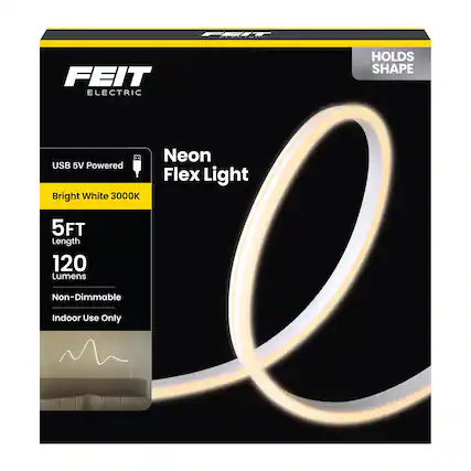 FEIT Electric Neon Flex Light
USB 5V Powered
Bright White 3000K
5FT Length
120 Lumens
Non-Dimmable
Indoor Use Only
Holds Shape