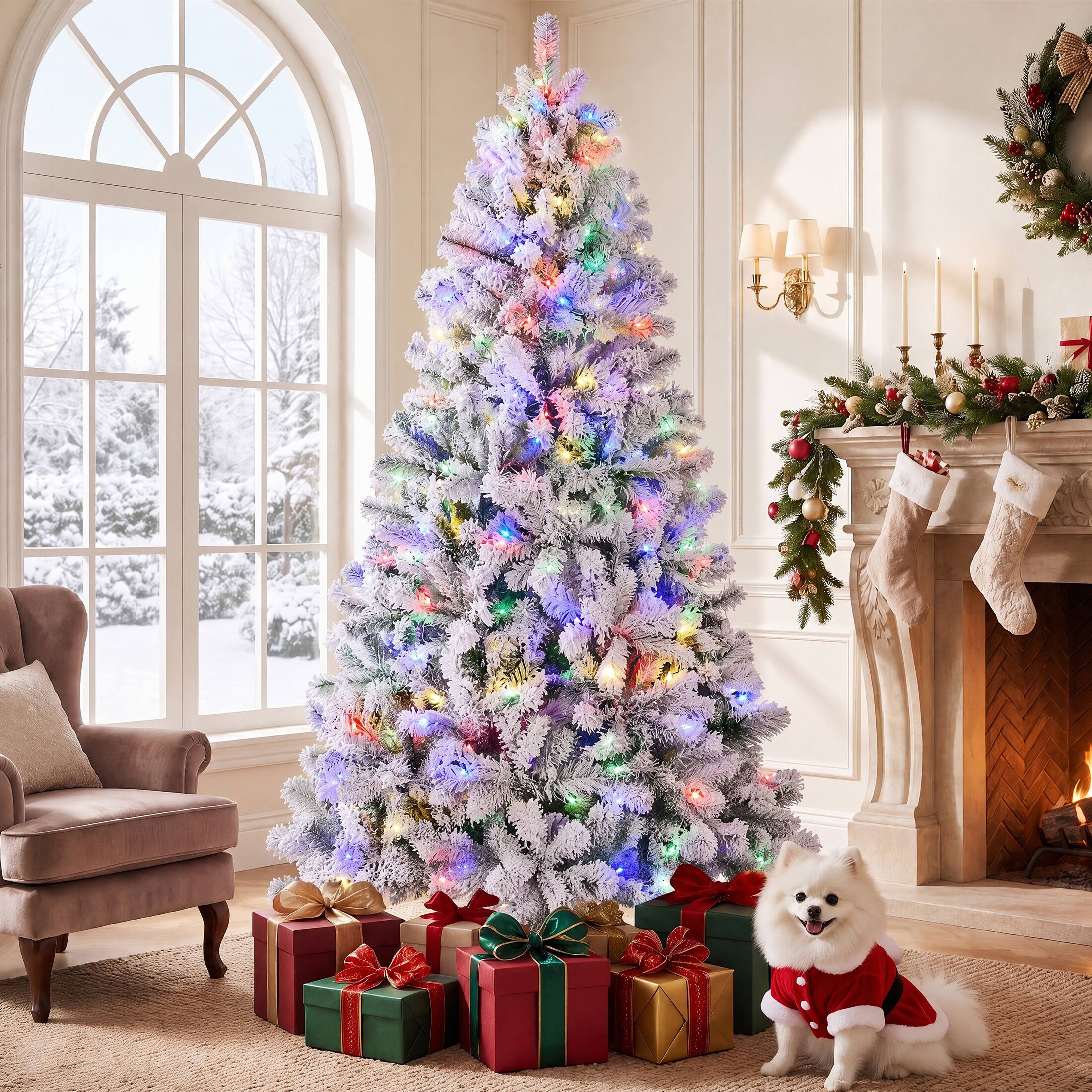 Sweetcrispy Pre Lit Flocked Artificial Christmas Tree w/ Multicolor LED ...