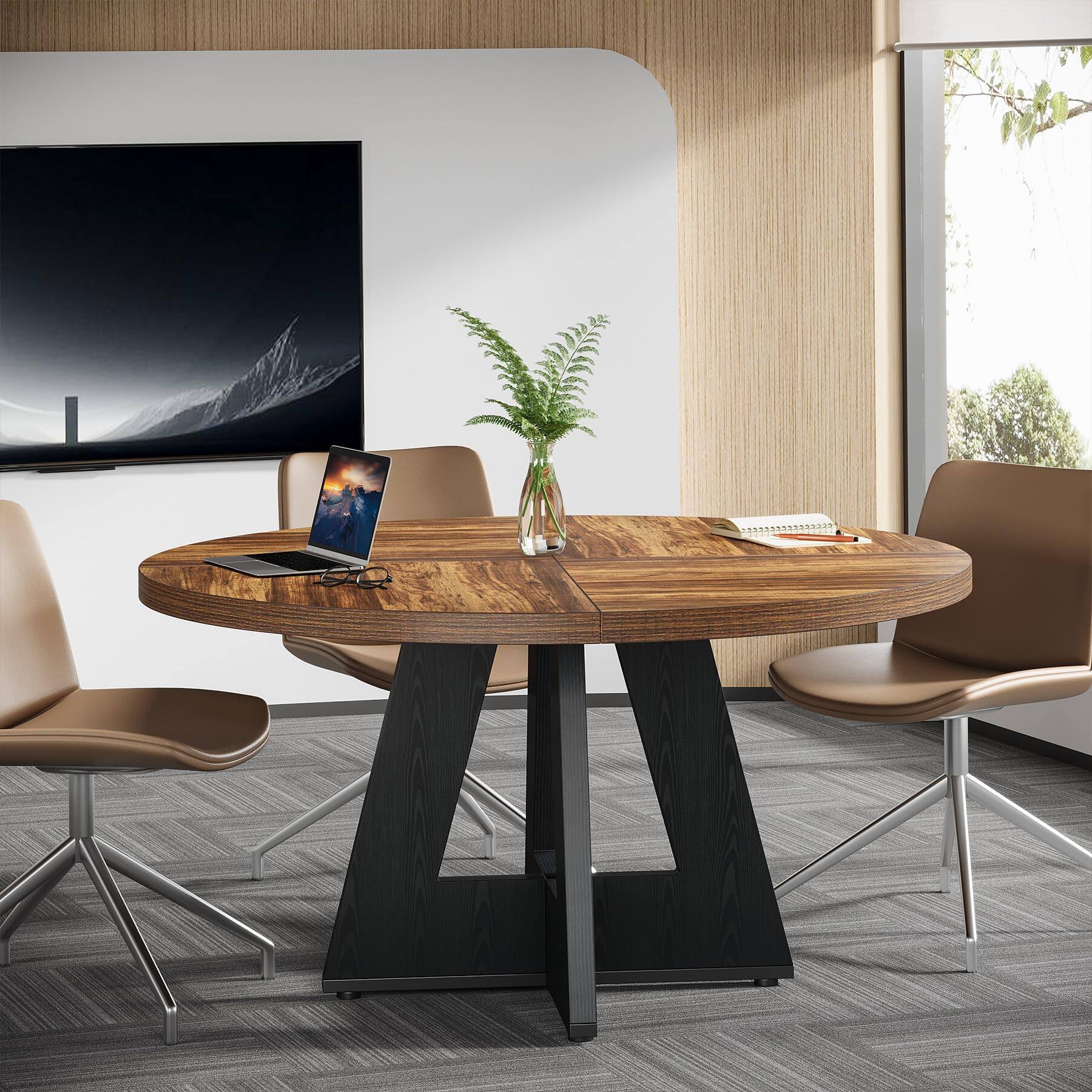 Left. Tribesigns - 47.2-Inch Round Conference Table with Thick Wood Top and Wood Base for Office Meeting Rooms - Rustic Brown+black.
