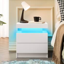 Loheer - LED Nightstand With Drawers, Engineered Wood Bedside Table With Adjustable Lights - White