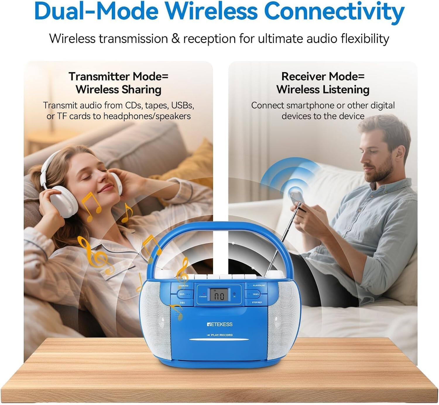 Dual-Mode Wireless Connectivity  
Wireless transmission & reception for ultimate audio flexibility  

Transmitter Mode= Wireless Sharing  
Transmit audio from CDs, tapes, USBs, or TF cards to headphones/speakers  

Receiver Mode= Wireless Listening  
Connect smartphone or other digital devices to the device  

NETEKESS PLAZRECORD
