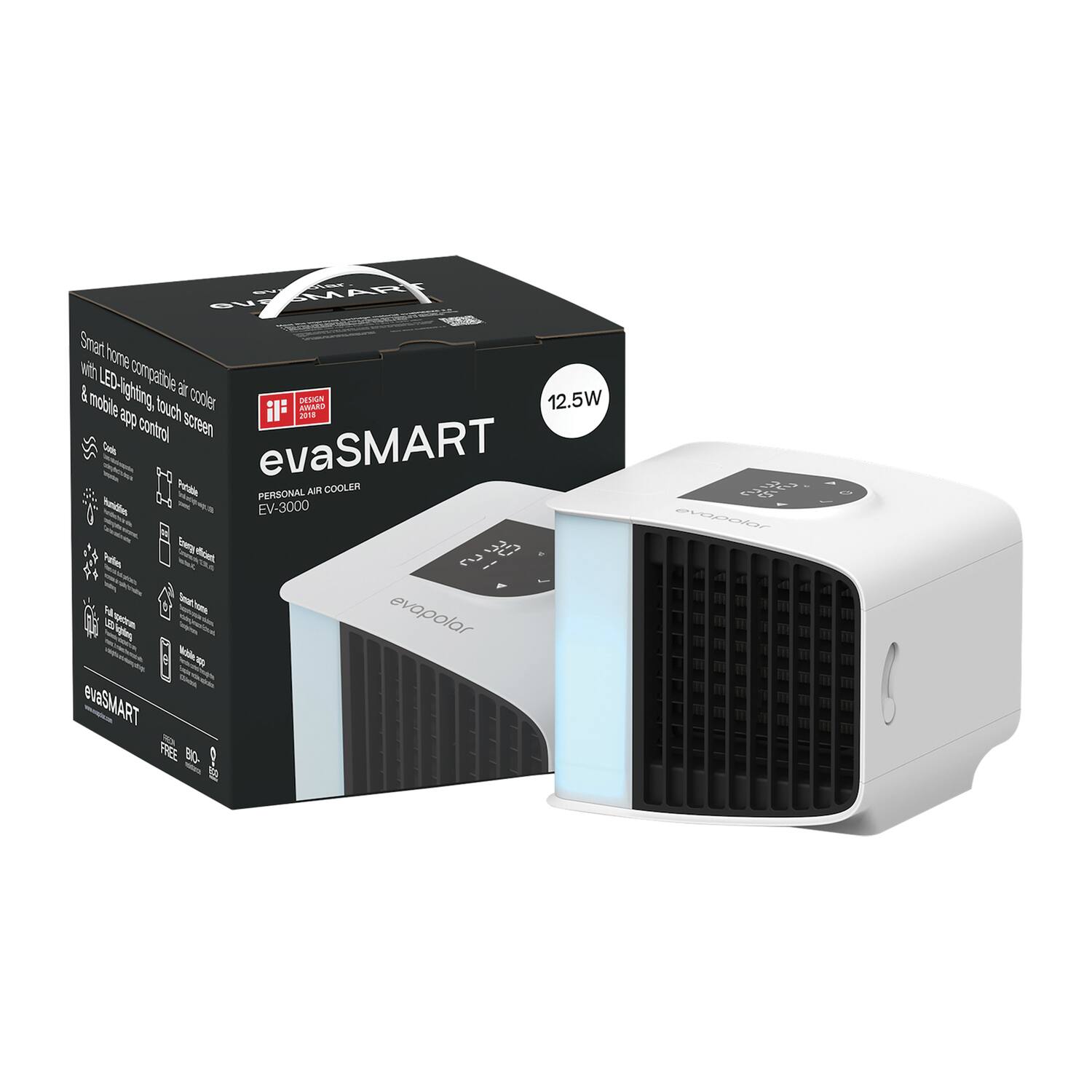 evaSMART Personal Air Cooler EV-3000

Smart home compatible air cooler with LED lighting, touch screen & mobile app control

- 12.5W
- Portable
- Full function LCD display
- Mobile app control
- Eco-friendly
- Design 2018
- FREE LED light
- 100% recyclable