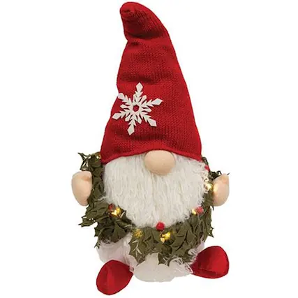 Front. BreeBe - *Holly Wreath Gnome w/LED Lights - Red, White, Green.