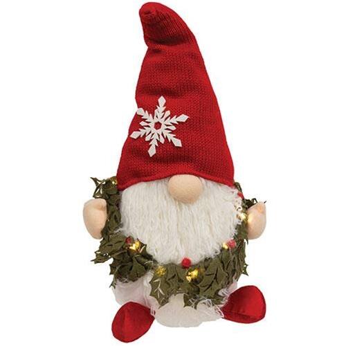 Front. BreeBe - *Holly Wreath Gnome w/LED Lights - Red, White, Green.