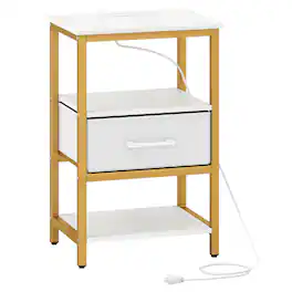 WELLFOR - Nightstand with Charging Station and Adjustable Fabric Drawer for Bedroom & Living Room - White and Gold