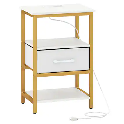 Front. WELLFOR - Nightstand with Charging Station and Adjustable Fabric Drawer for Bedroom & Living Room - White and Gold.