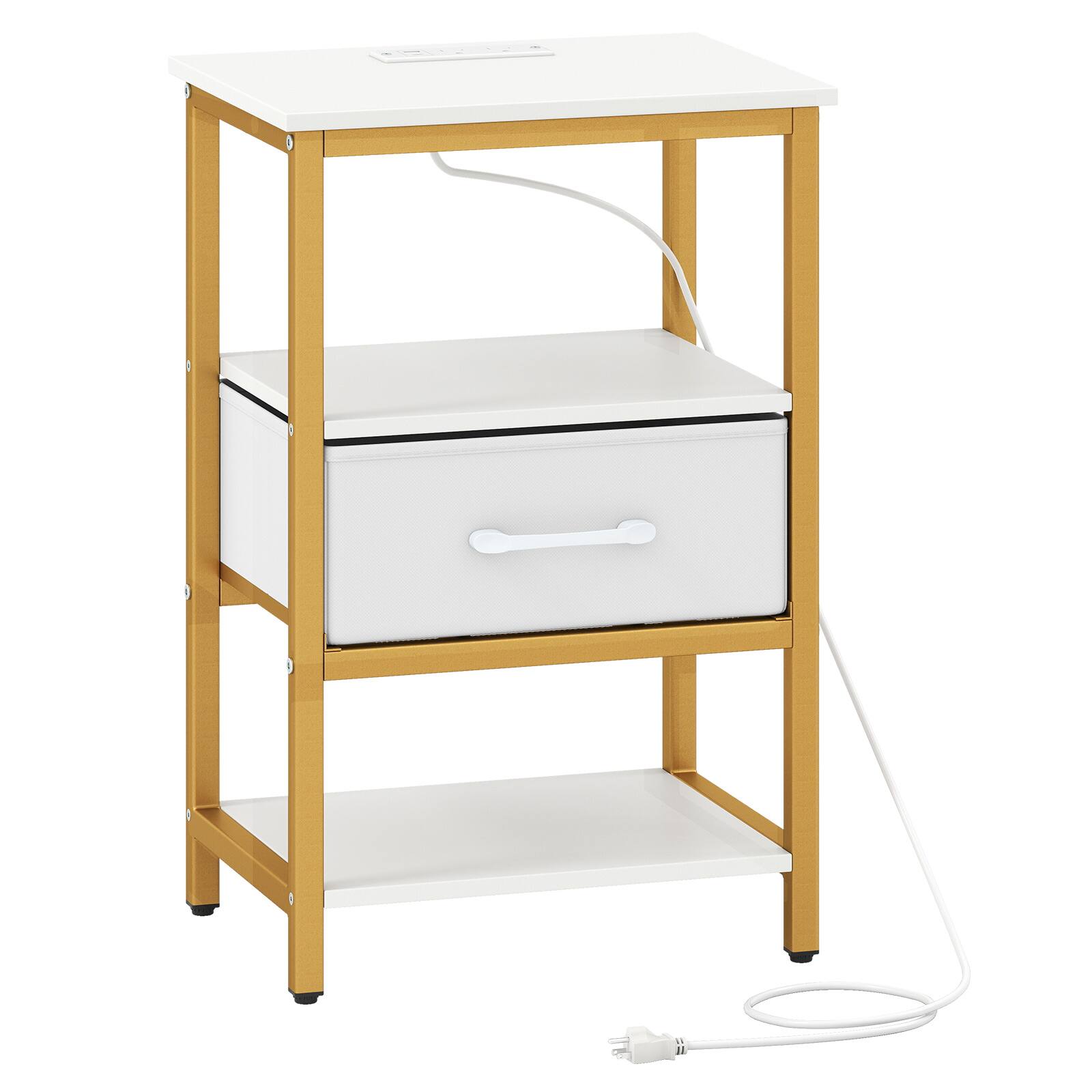 Alt View 9. Gymax - Gymax Nightstand w/Charging Station Fabric Drawer & Open Storage Shelves Metal Frame - White.