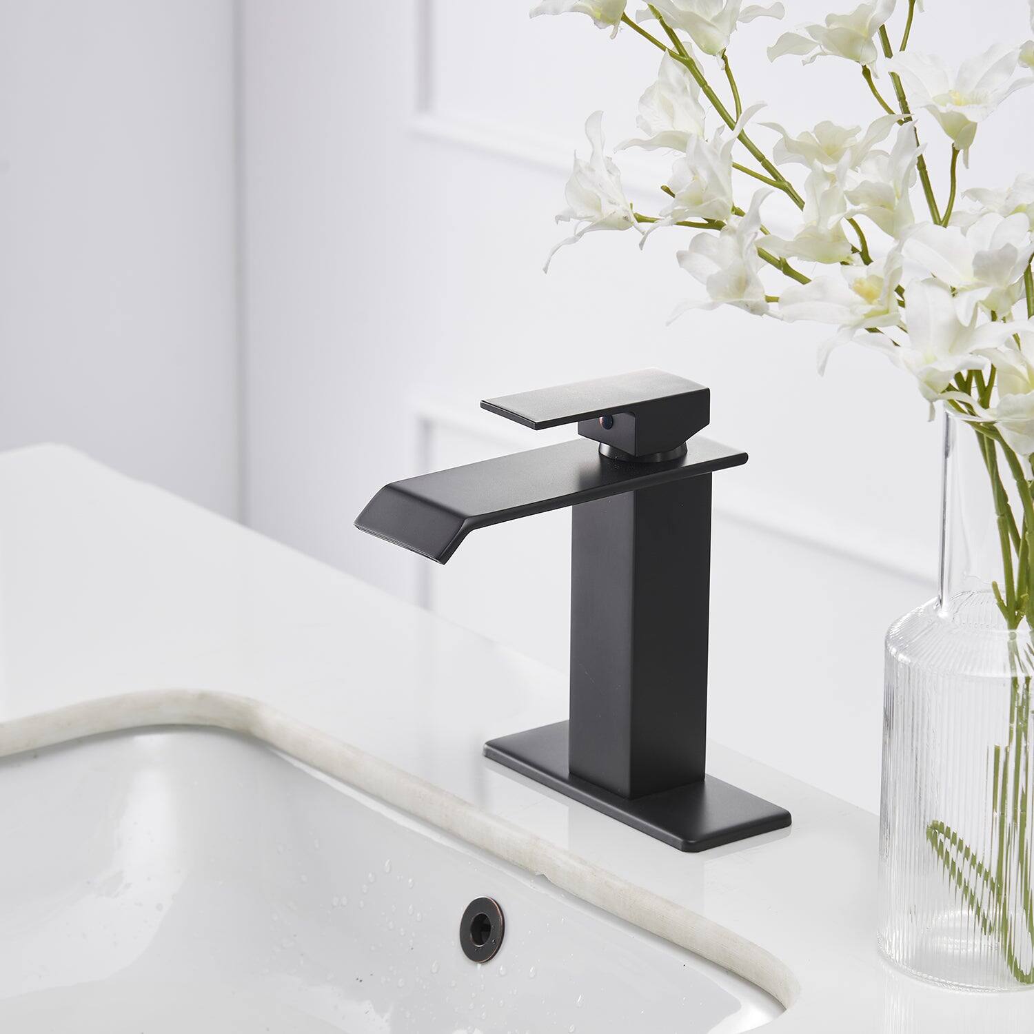 Alt View 2. Boyel Living - Waterfall Single Hole Single Handle Low Arc Bathroom Faucet with Pop up Drain Assembly in Matte Black - Matte Black.