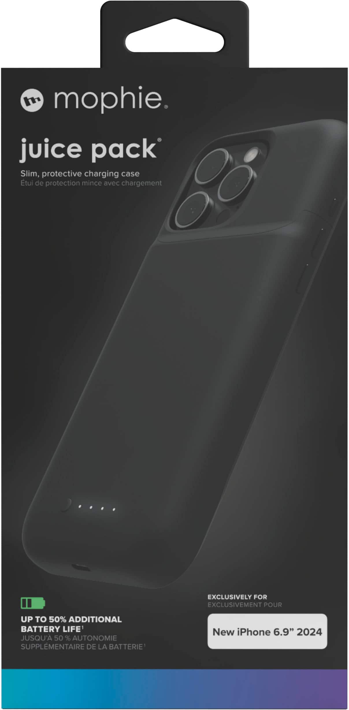 I mophie. juice pack Slim, protective charging case Etui de protection mince avec chargement EXCLUSIVELY FOR UP TO 50% ADDITIONAL BATTERY LIFE' JUSQU'A 50 % AUTONOMIE SUPPLMENTAIRE DE LA BATTERIE New iPhone 6.9" 2024