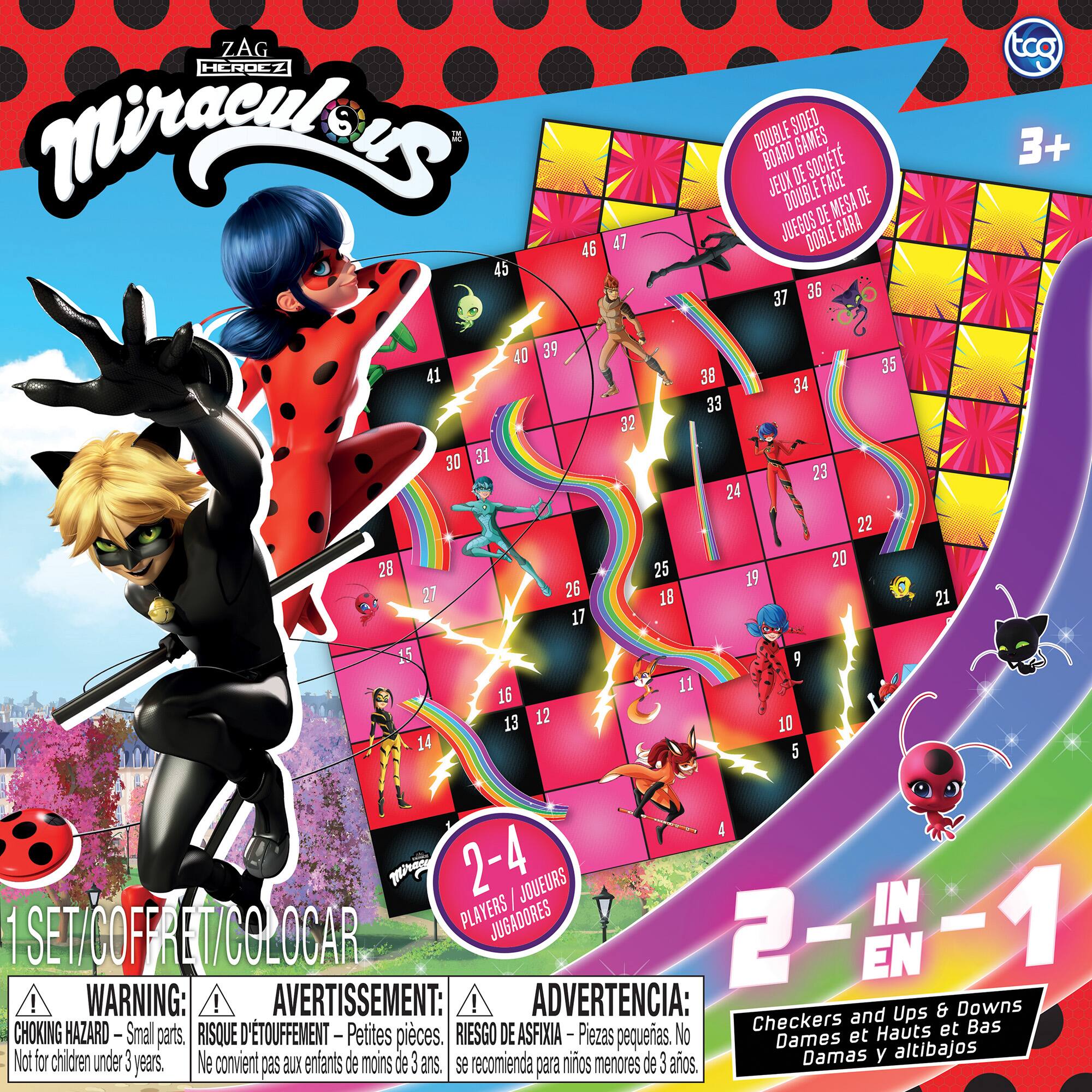 ZAG HERZ Miraculous 46 45 47 DOUBLE SIDED BOARD GAMES DE SOCIÉTÉ JEUX DOUBLE FACE MESA DE JUEGOS DE CARA DOBLE 37 36 35 34 33 32 31 30 29 28 27 26 25 24 23 22 21 20 19 18 17 16 15 14 13 12 11 10 9 8 7 6 5 4 2-4 JOUEURS PLAYERS JUGADORES IN - 1 SET/COFFRET/COLOGAR 2 EN ! WARNING: CHOKING HAZARD - Small parts. RISQUE D'ÉTOUFFEMENT - Petites pièces. RIESGO DE ASFIXIA - Piezas pequeñas. Not for children under 3 years. Ne convient pas aux enfants de moins de 3 ans. No se recomienda para niños menores de 3 años. Checkers and Ups & Downs Dames et Haut