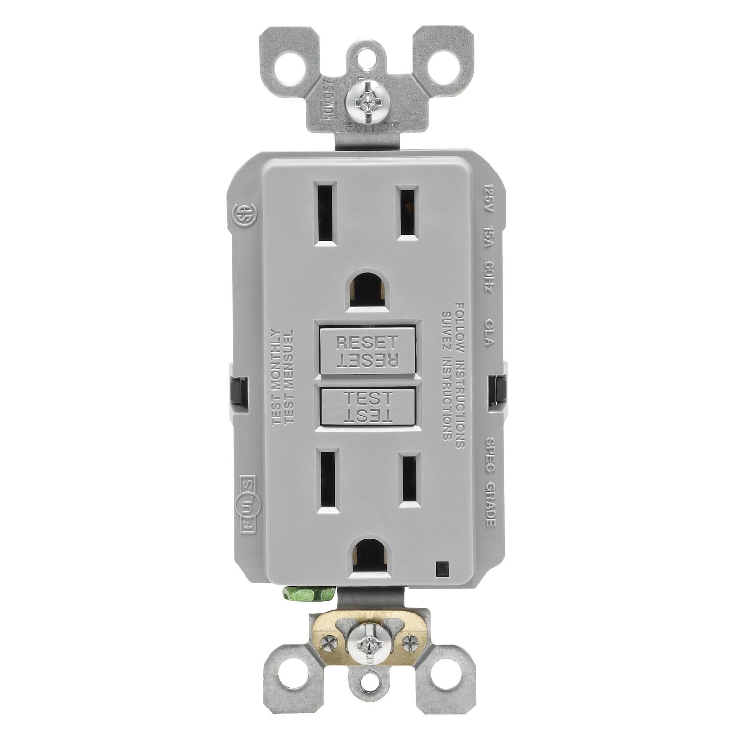 SUI
MONTHLY TEST
MENSUEL TEST
NOM057 RESET RESET TEST TEST
SUIVEZ INSTRUCTIONS
FOLLOW INSTRUCTIONS
125V 15A ZHO9 CLA SPEC GRADE