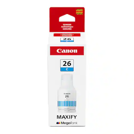 | | | ! GENUINE Authentique GENUINO DEN..... ............. SECiON 26 1 Canon 26 C Canon 26 C SER Coam - - - i - - I - - - MAXIFY MegaTank
GENUINE
Authentique
GENUINO
Canon
26 C
Canon
26
Cyan
Cian
MAXIFY
MegaTank