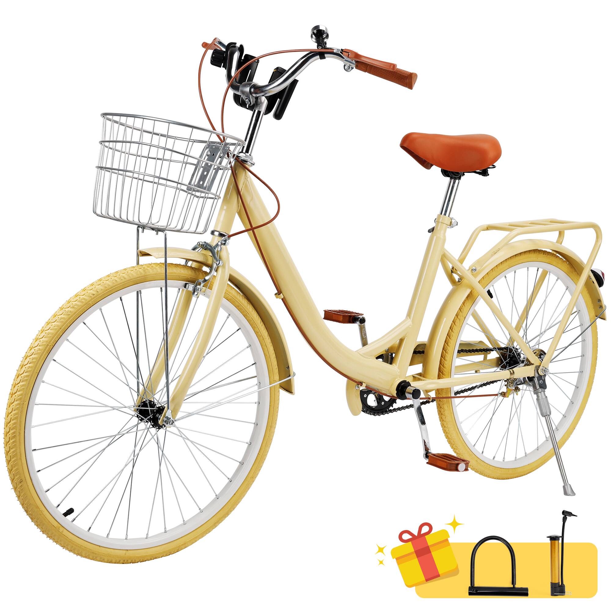 Topteng - 24 Inch City Cruiser Bike For Adult with Front Basket & Rear Rack High Carbon Steel Frame, Dual Brakes Bicycle - Yellow