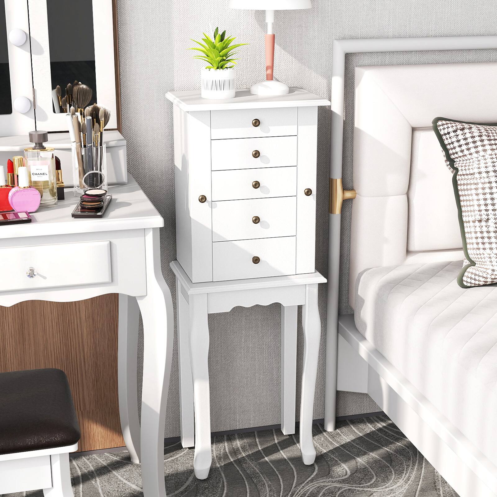 Alt View 4. Gymax - Gymax Mirrored Armoire Jewelry Cabinet Free Standing Organizer Storage Box Chest White - White.