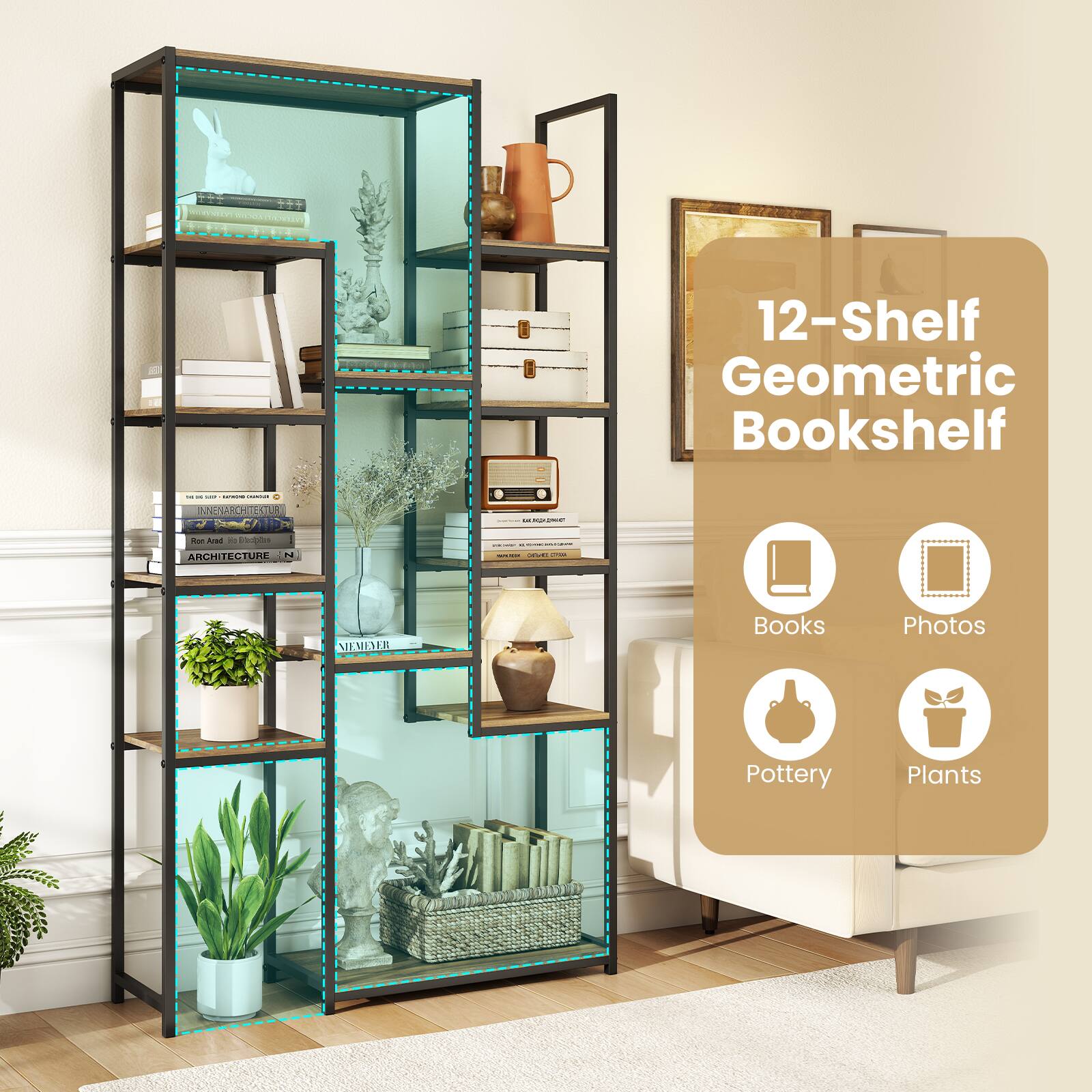 12-Shelf Geometric Bookshelf

- Books
- Photos
- Pottery
- Plants