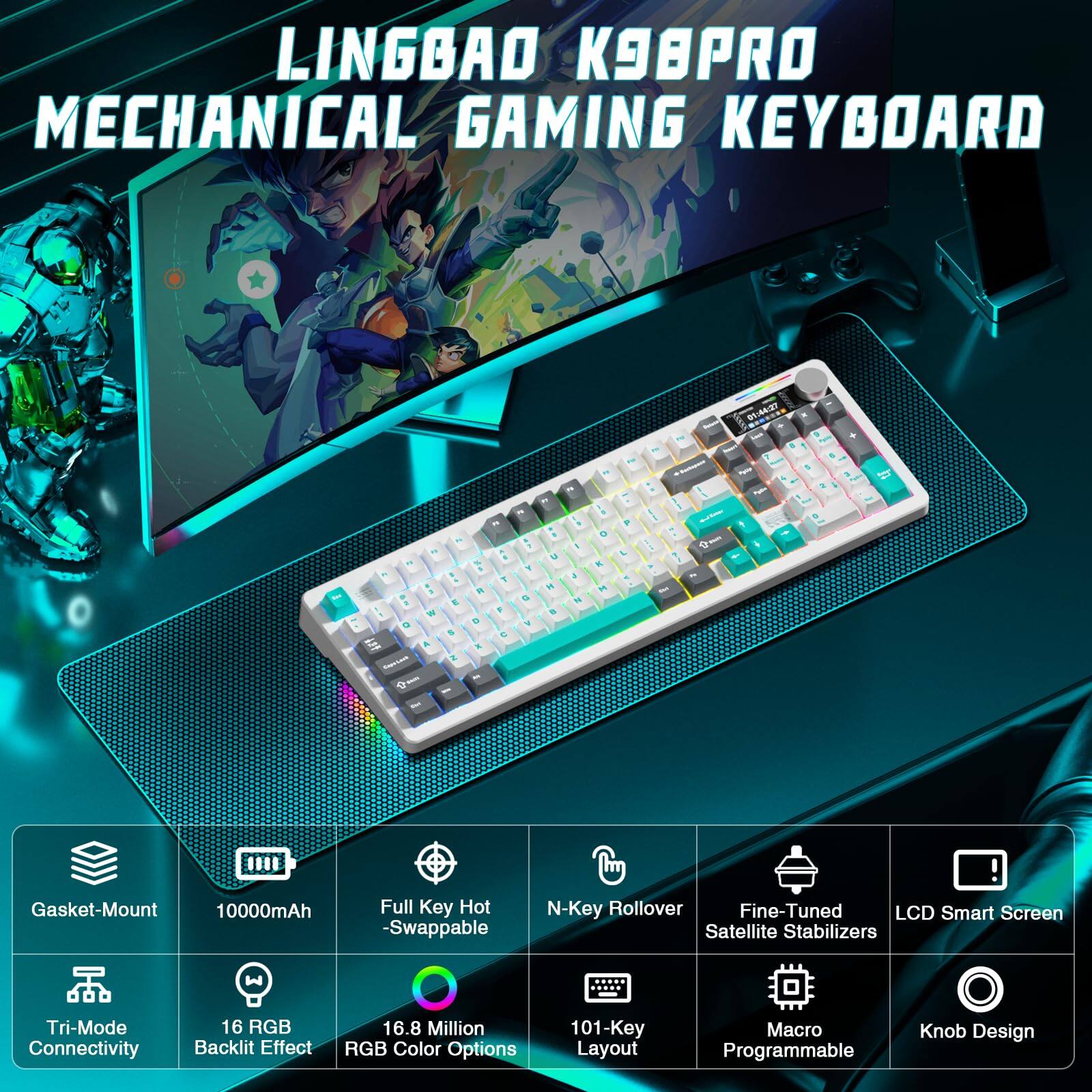 LINGBAO K9BPRO MECHANICAL GAMING KEYBOARD

- Gasket-Mount
- 10000mAh
- Full Key Hot-Swappable
- N-Key Rollover
- Fine-Tuned Satellite Stabilizers
- Tri-Mode Connectivity
- 16 RGB Backlit Effect
- 16.8 Million RGB Color Options
- 101-Key Layout
- Macro Programmable
- LCD Smart Screen
- Knob Design