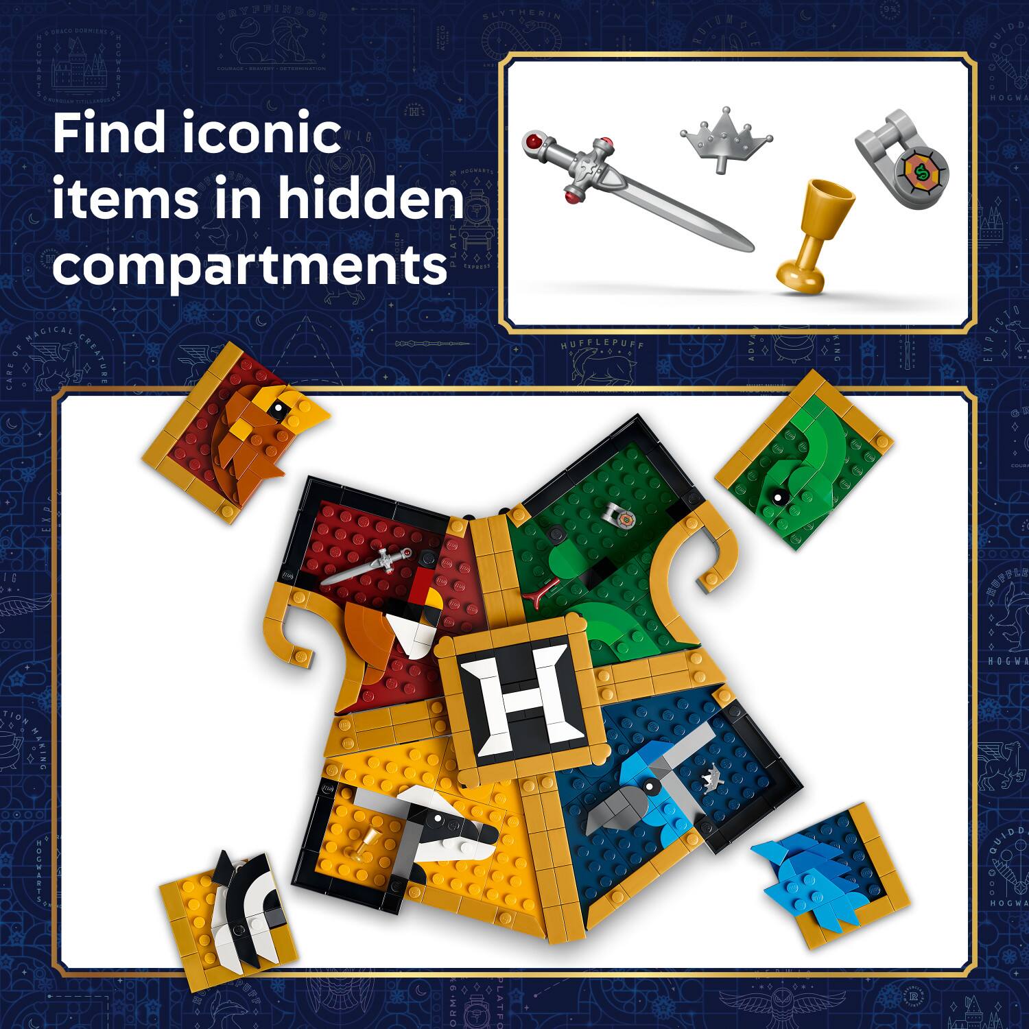SLYTHERIN sare. OCPARTA Find iconic items in hidden compartments RAGICAL HUPPLEPUPF CREATURE 6 OMA YION H BOGWA outo HOCHA ORM LATFC