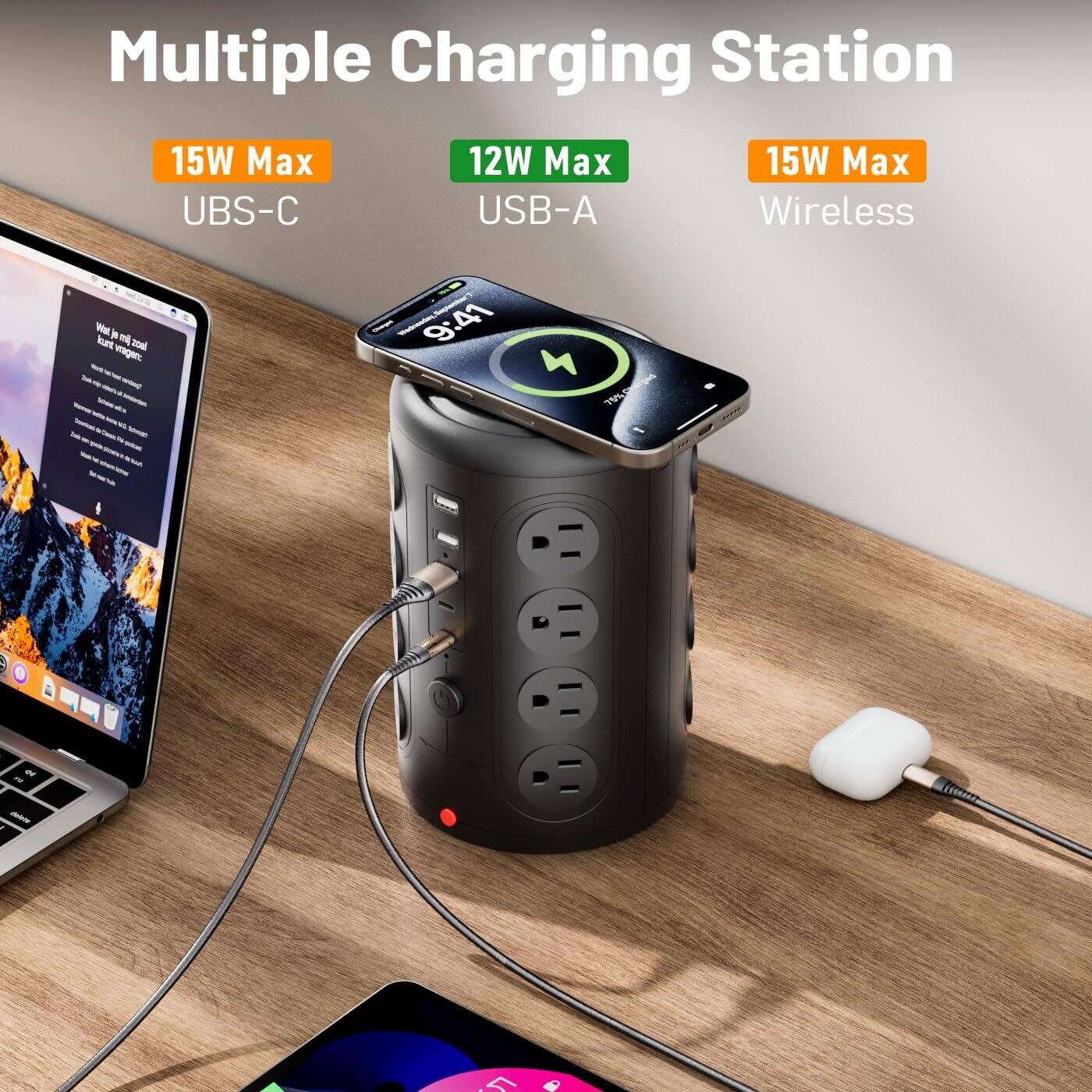 Multiple Charging Station

15W Max  
USB-C

12W Max  
USB-A

15W Max  
Wireless