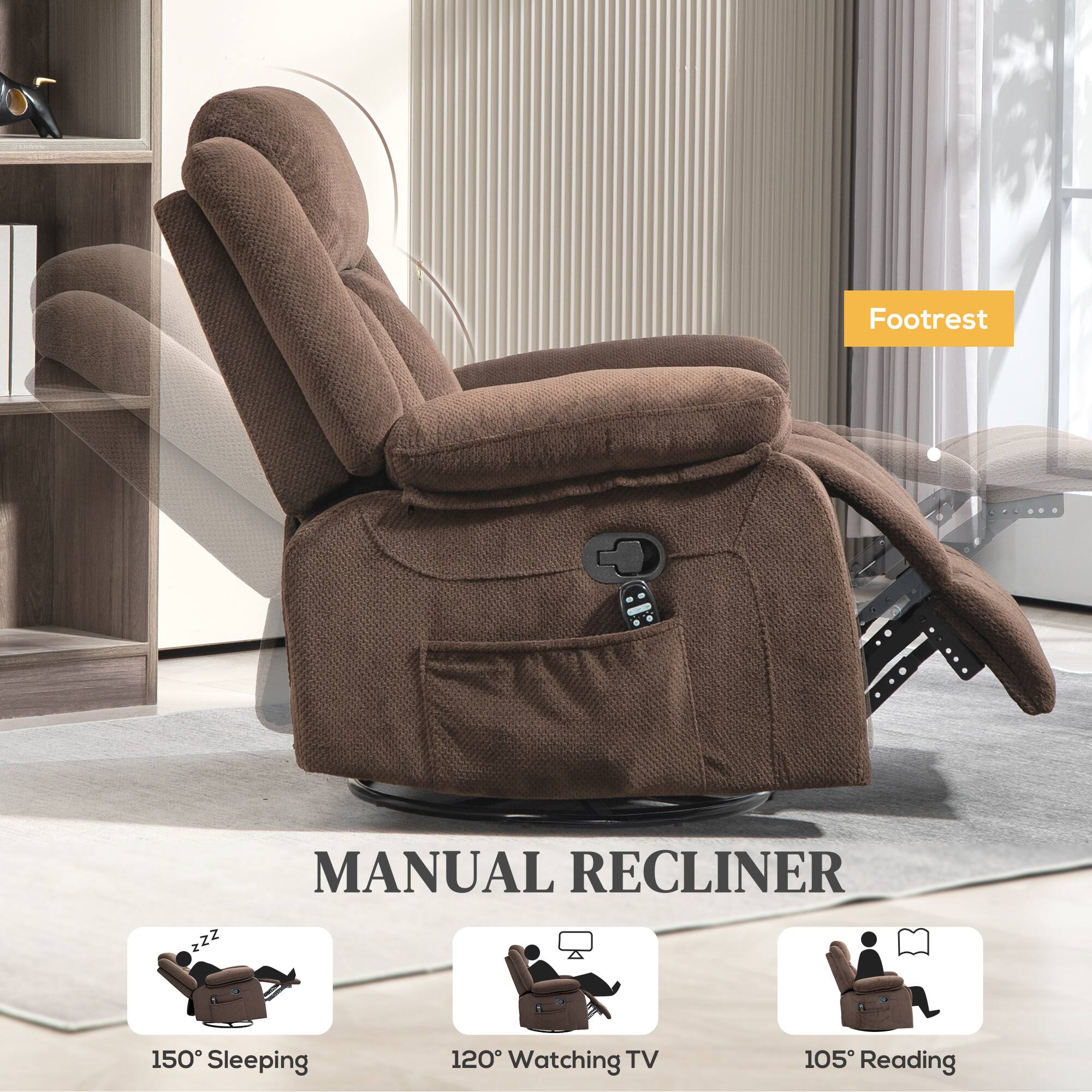 Footrest

MANUAL RECLINER

150° Sleeping

120° Watching TV

105° Reading