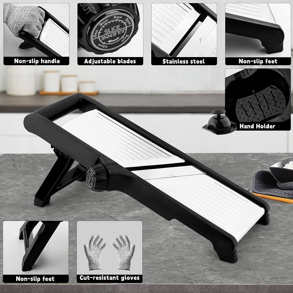 - Non-slip handle
- Adjustable blades
- Stainless steel
- Non-slip feet
- Hand Holder
- Non-slip feet
- Cut-resistant gloves