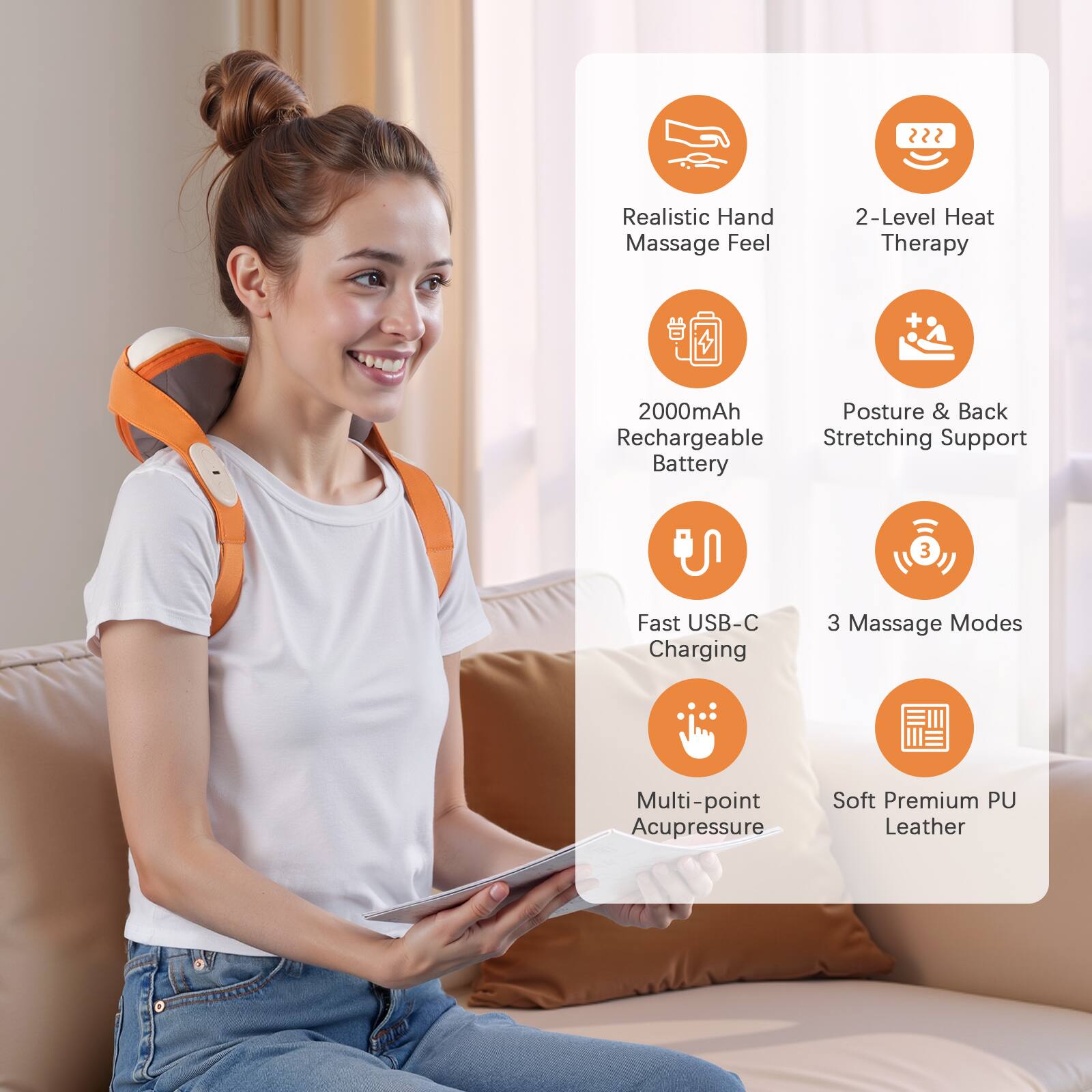 - Realistic Hand Massage Feel
- 2-Level Heat Therapy
- 2000mAh Rechargeable Battery
- Fast USB-C Charging
- Multi-point Acupressure
- Posture & Back Stretching Support
- 3 Massage Modes
- Soft Premium PU Leather