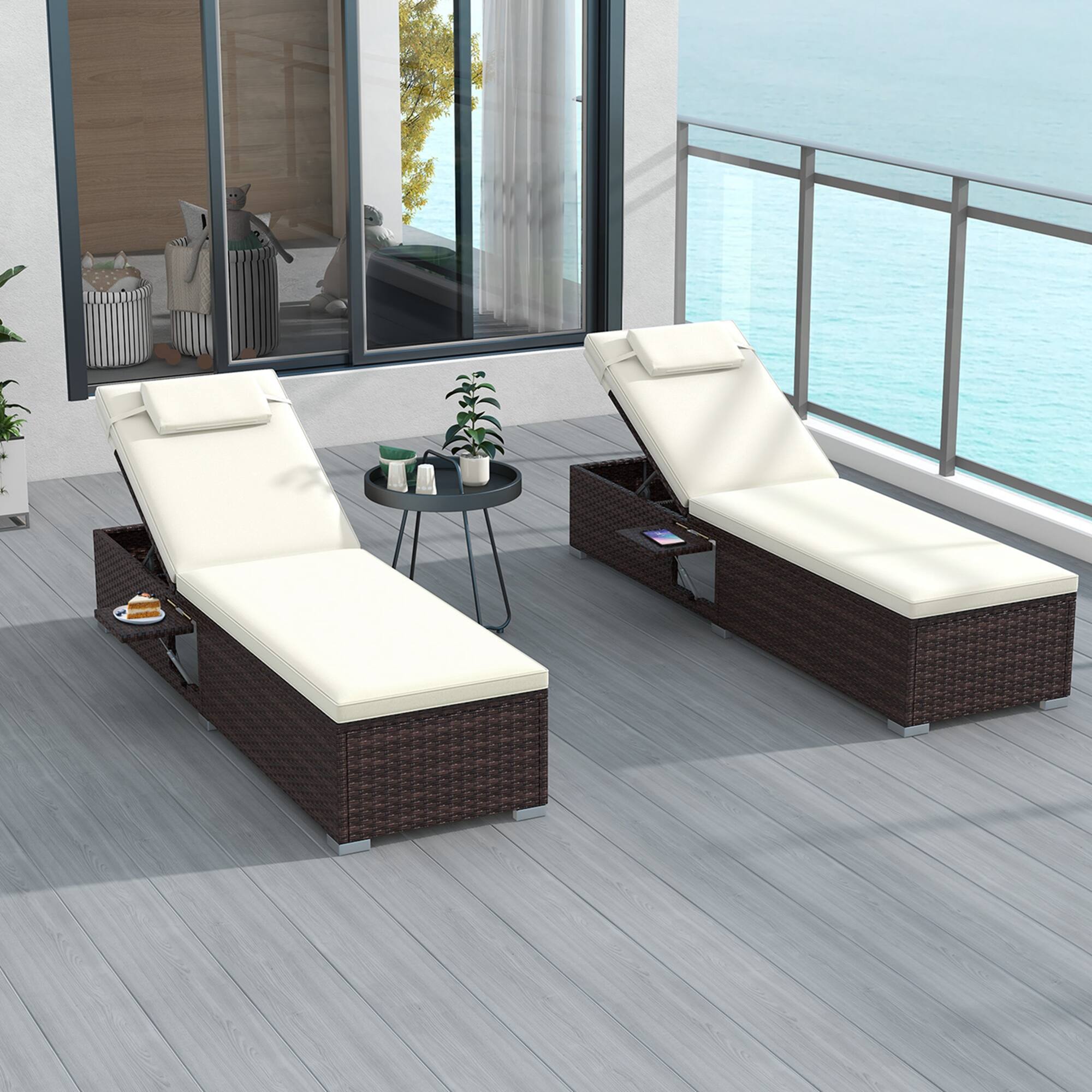 Alt View 3. Costway - 1 PCS Patio Chaise Lounge with 6-level Backrest, Comfy Seat Cushion & Headrest - Mix Brown + Off White.