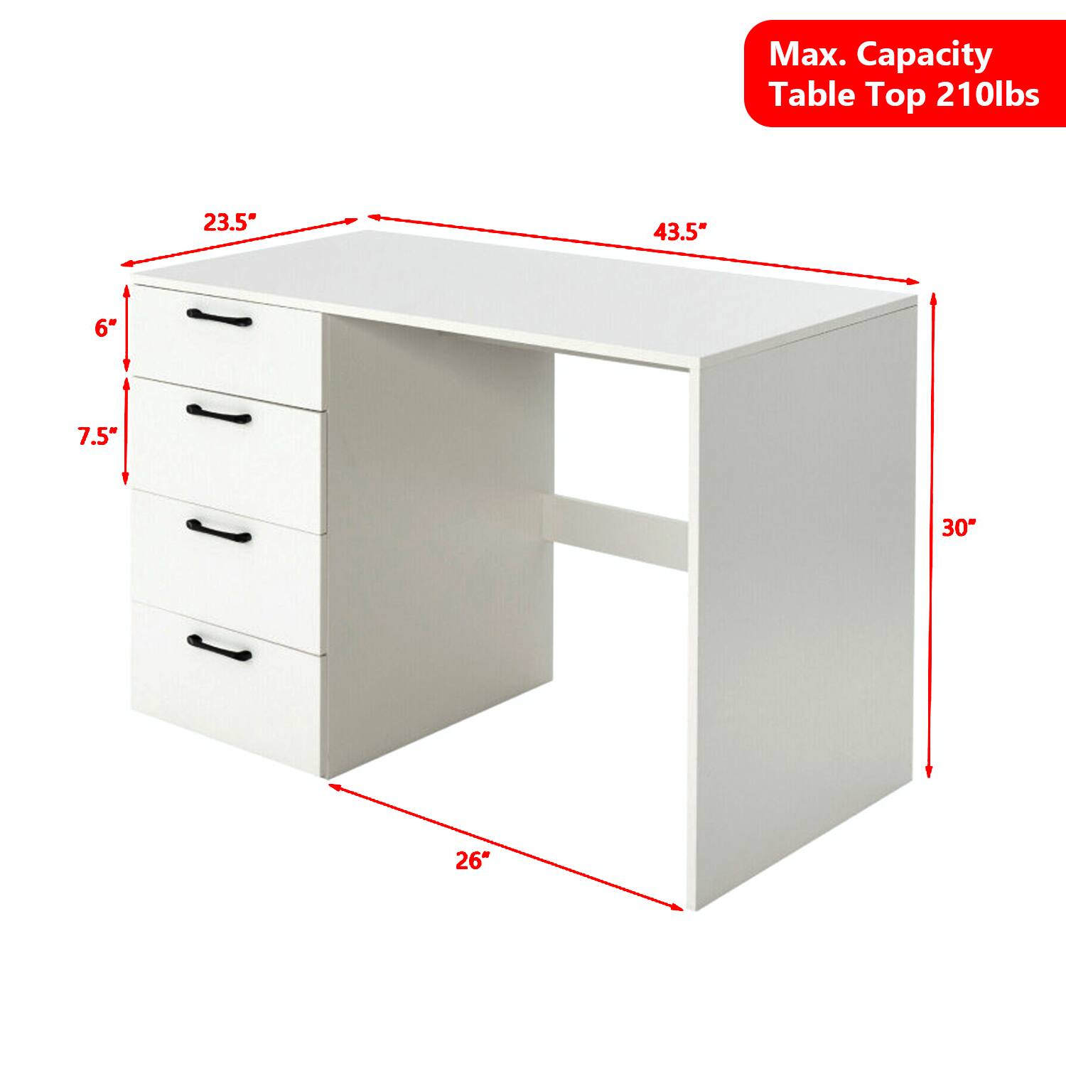 Max. Capacity Table Top 210lbs  
23.5" x 43.5" x 6" x 7.5" x 30" x 26"