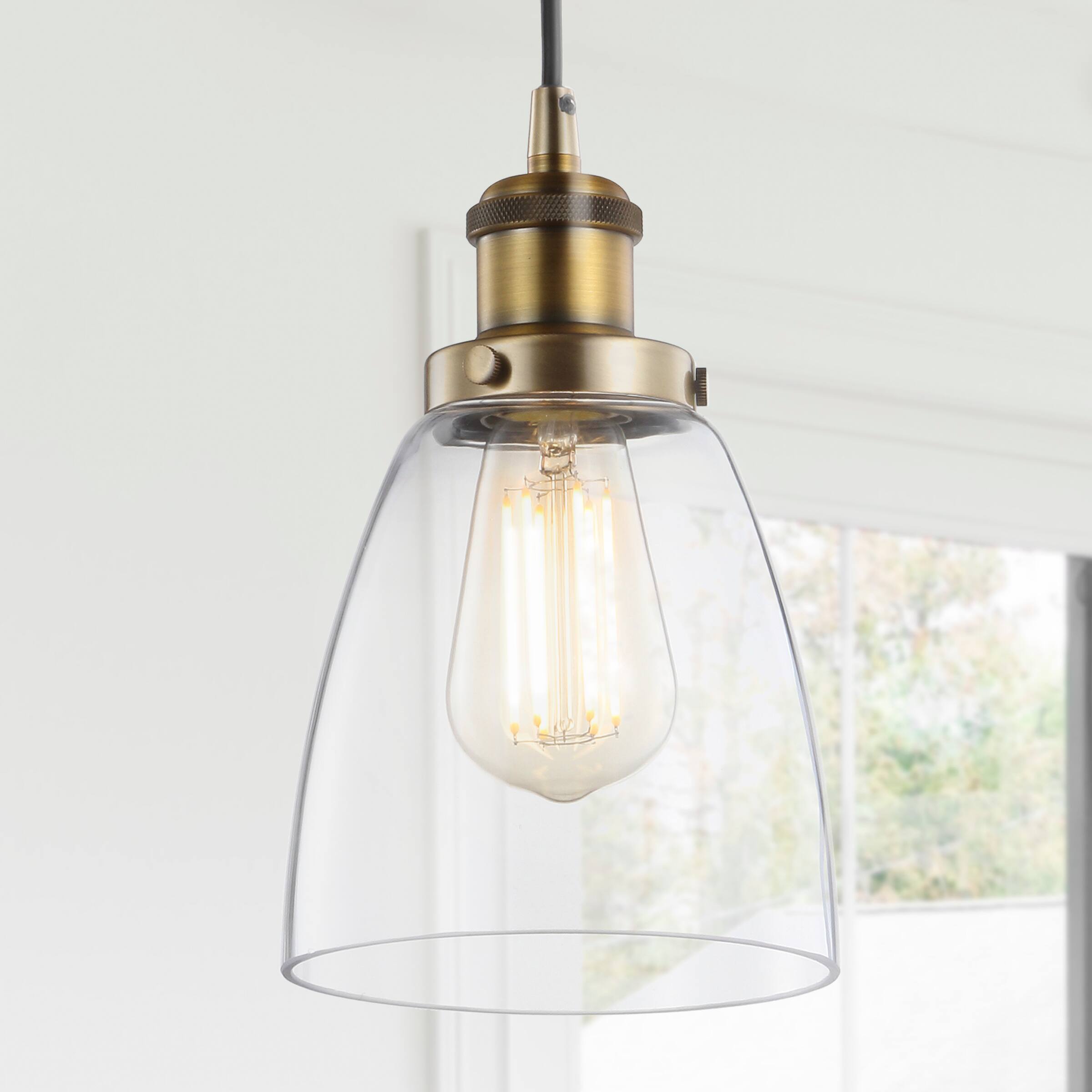 Alt View 1. Jonathan Y - Cleo 5.5" Adjustable Metal/Glass LED Pendant, Brass Gold - Brass Gold.