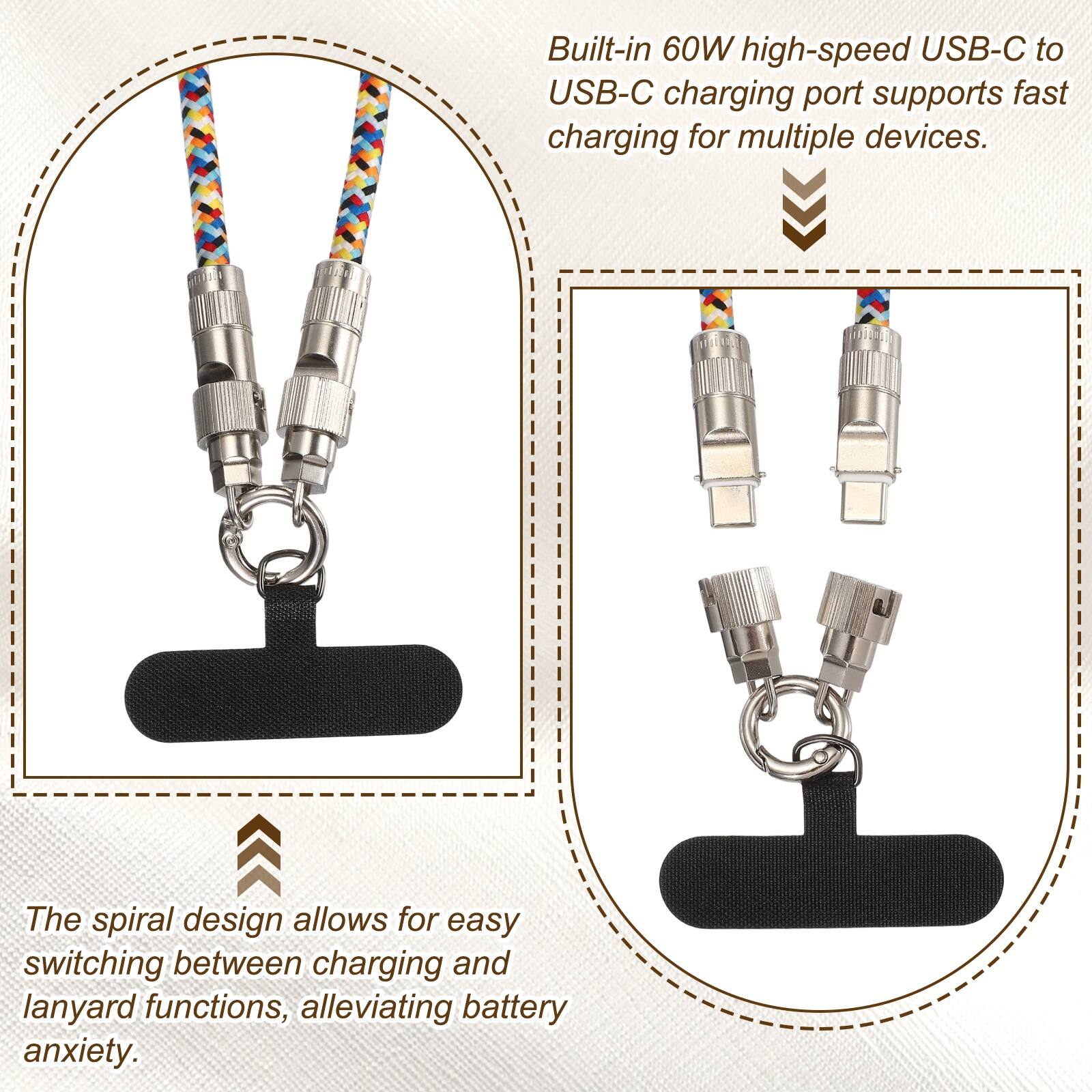 Built-in 60W high-speed USB-C to USB-C charging port supports fast charging for multiple devices.

The spiral design allows for easy switching between charging and lanyard functions, alleviating battery anxiety.