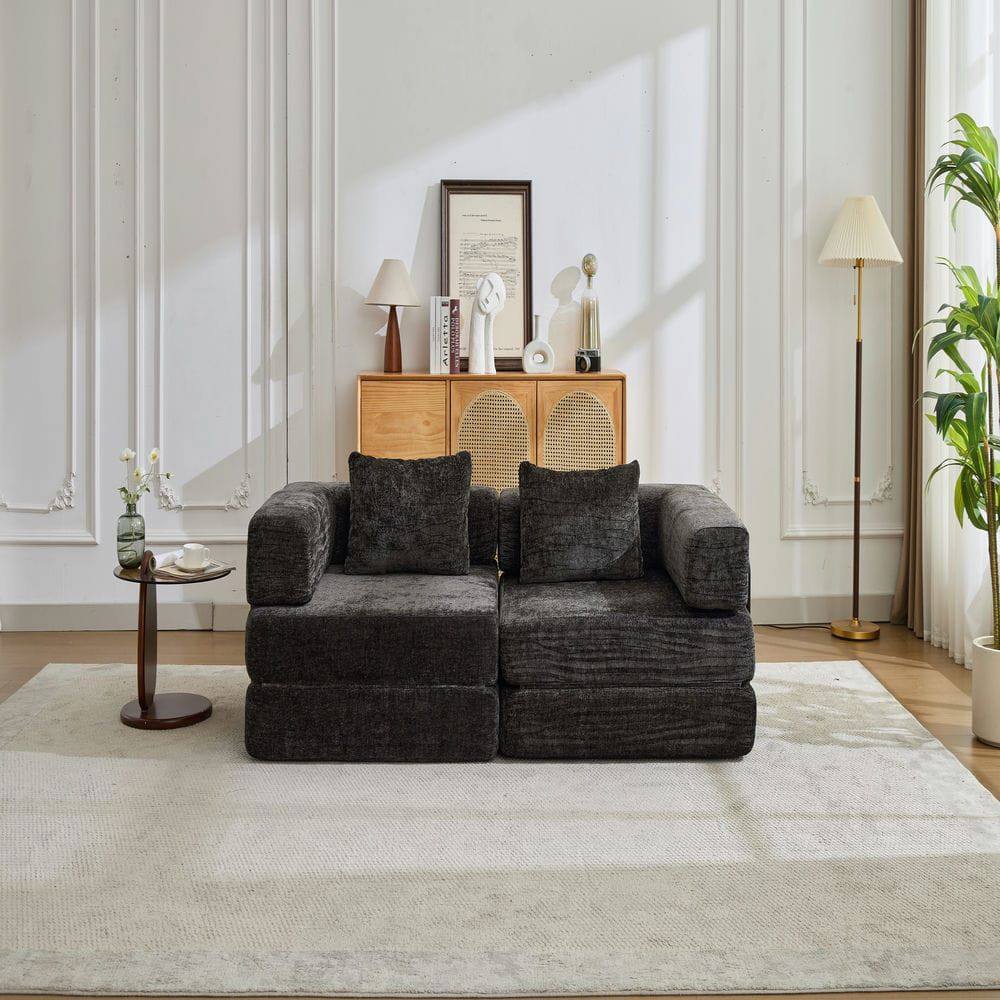 Alt View 4. Kadyn - Convertible Compression Sofa, Fixed-Frame Floor Bed with Boneless Chenille Sectional Design, Black - Black.