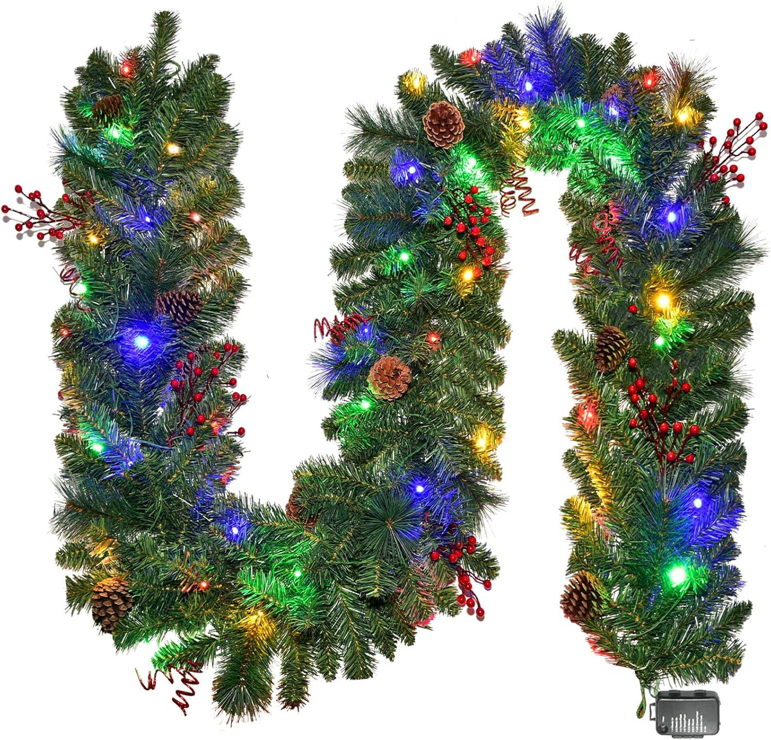 Front. Wikistore - WIKISTORE 9FT Battery Powered Christmas Garland with 50 LED Lights 8 Modes Red Berry Pine Cone - Green.