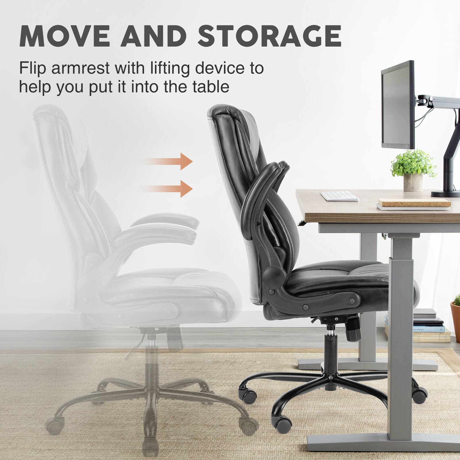 Move and Storage: Flip armrest with a lifting device to help you put it into the table.