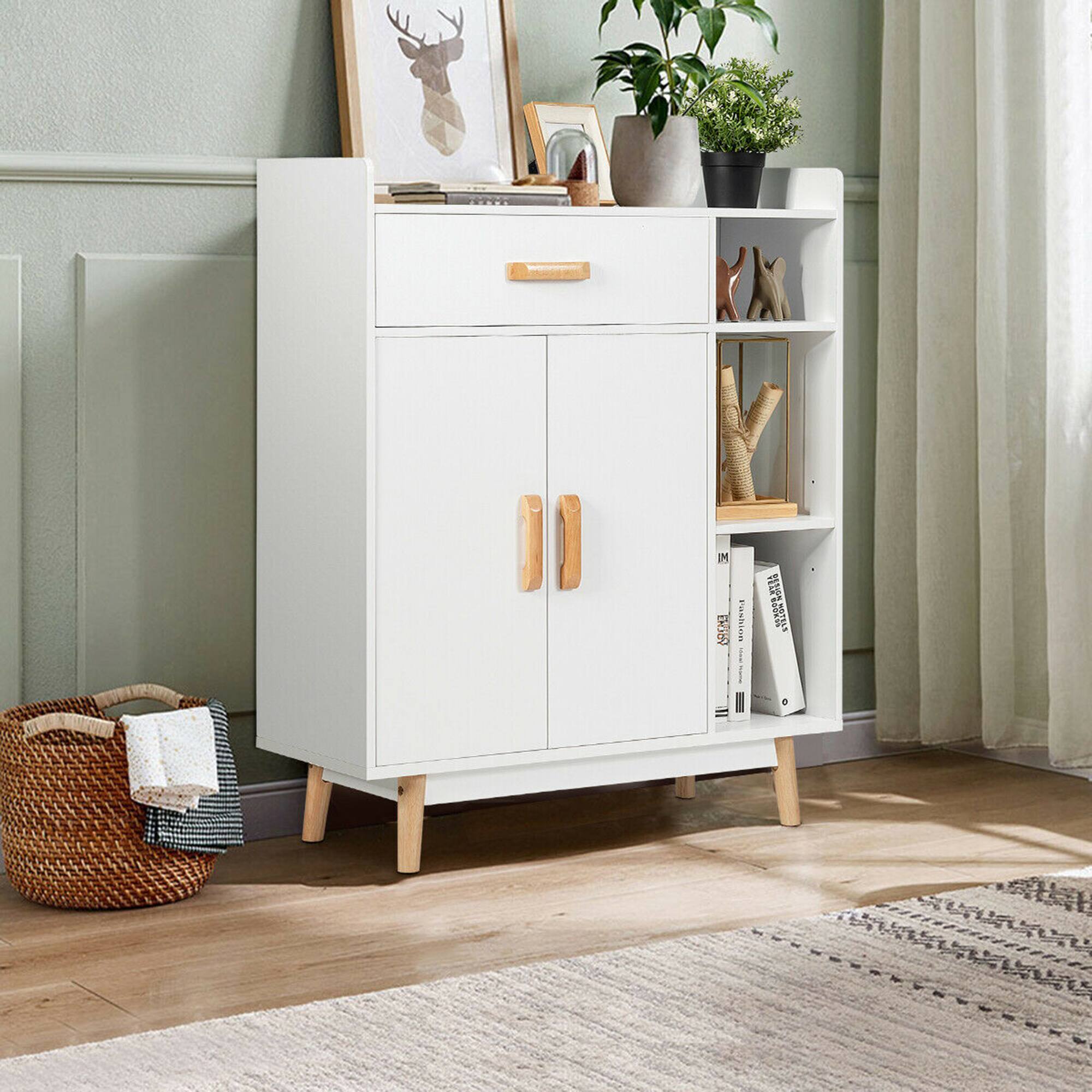 Alt View 2. Gymax - Gymax Floor Storage Cabinet Free Standing Cupboard Chest w/1 Drawer 2 Doors 3 Shelves - White.
