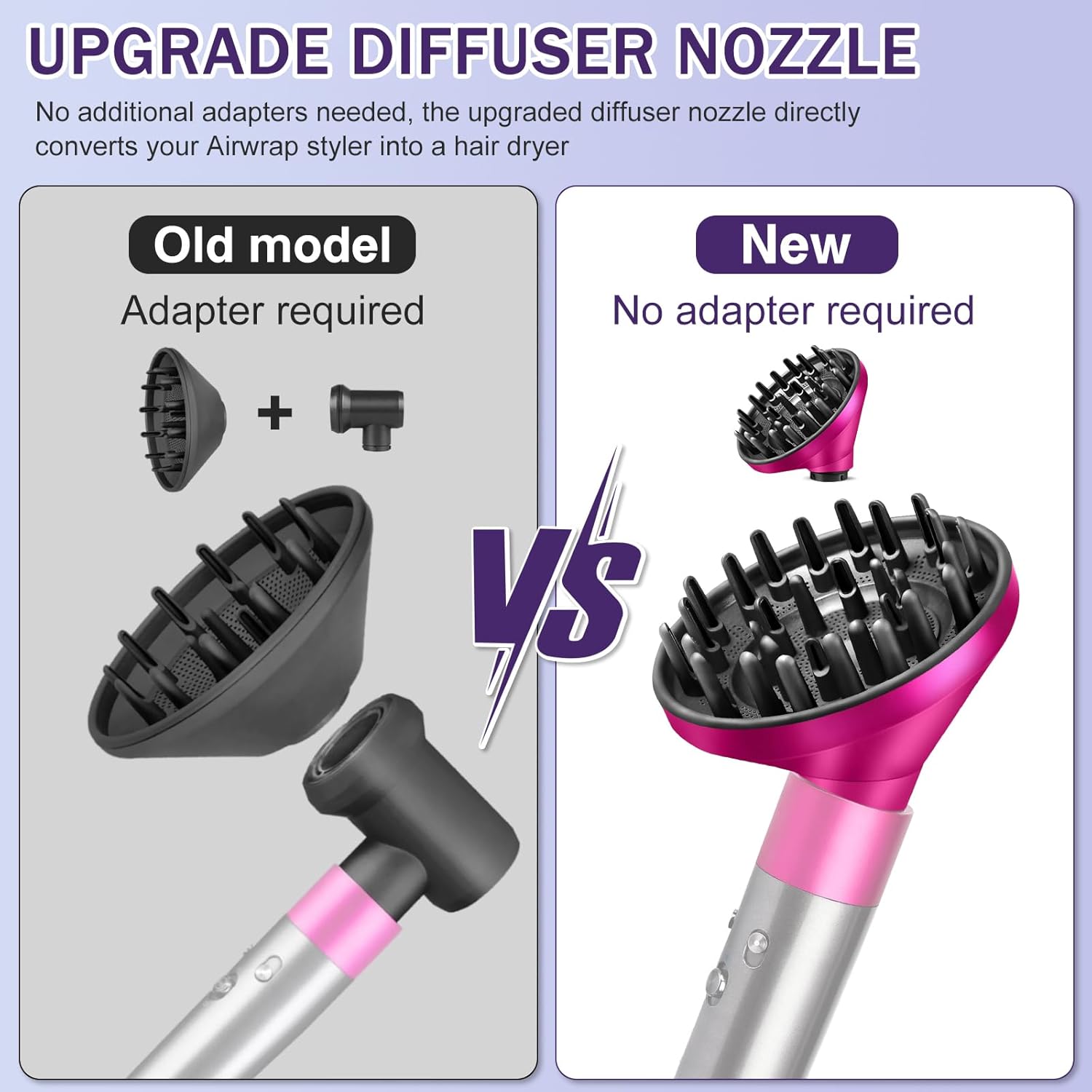 **UPGRADE DIFFUSER NOZZLE**

No additional adapters needed, the upgraded diffuser nozzle directly converts your Airwrap styler into a hair dryer.

**Old model**
- Adapter required

**New**
- No adapter required