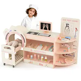 Costway - Wooden Doctor Play Set for Kids Pretend Play Doctor Kit with Toy CT Machine - Pink