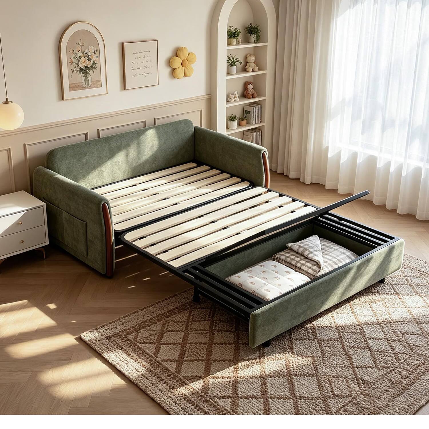 Alt View 2. luck idea - Pull‑Out Sofa Bed, 63‑inch Green Convertible Sleeper Sofa with Storage, Side Pockets & 2 Pillows for Living Room - green.